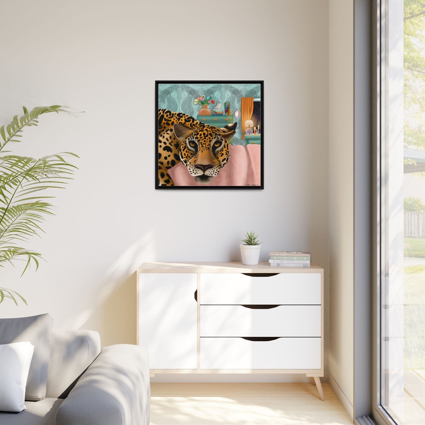 "Lounging Leopard" - Framed Canvas Wall Art