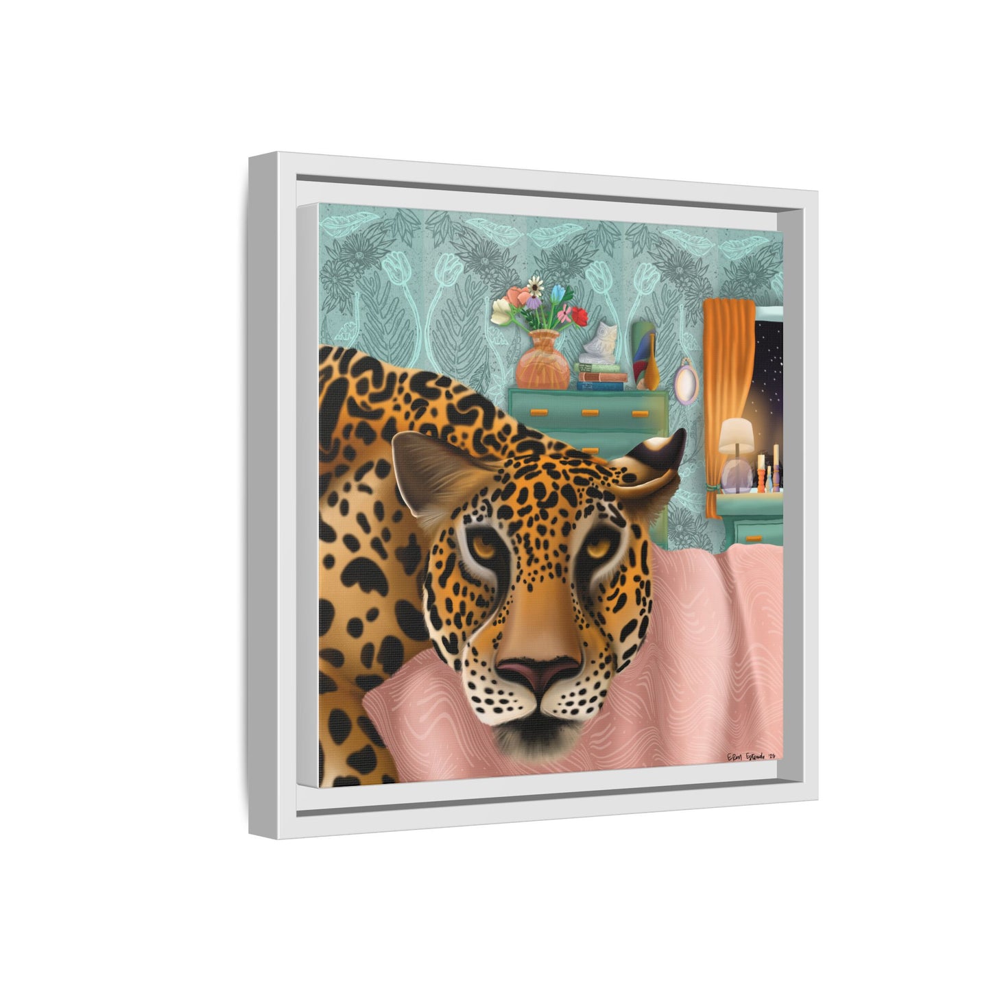 "Lounging Leopard" - Framed Canvas Wall Art