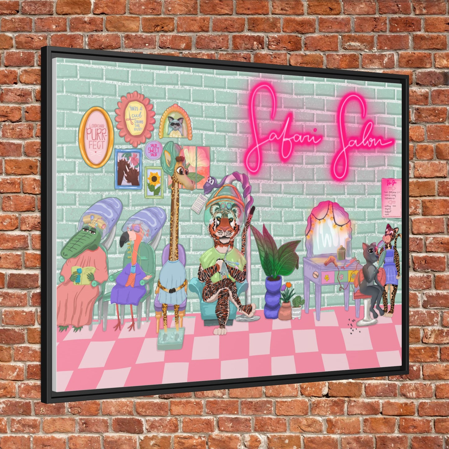 "Appointment at Safari Salon" - Framed Canvas Print