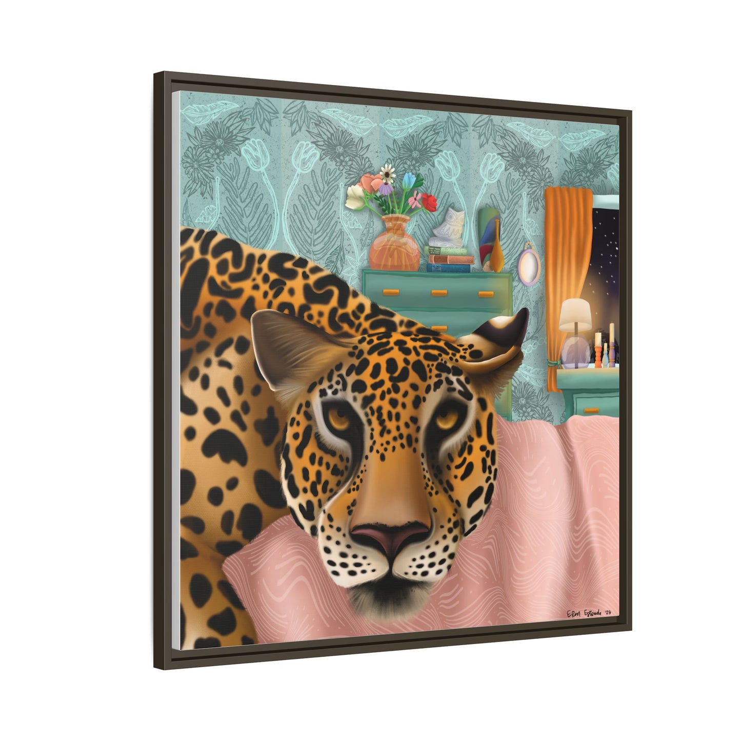 "Lounging Leopard" - Framed Canvas Wall Art