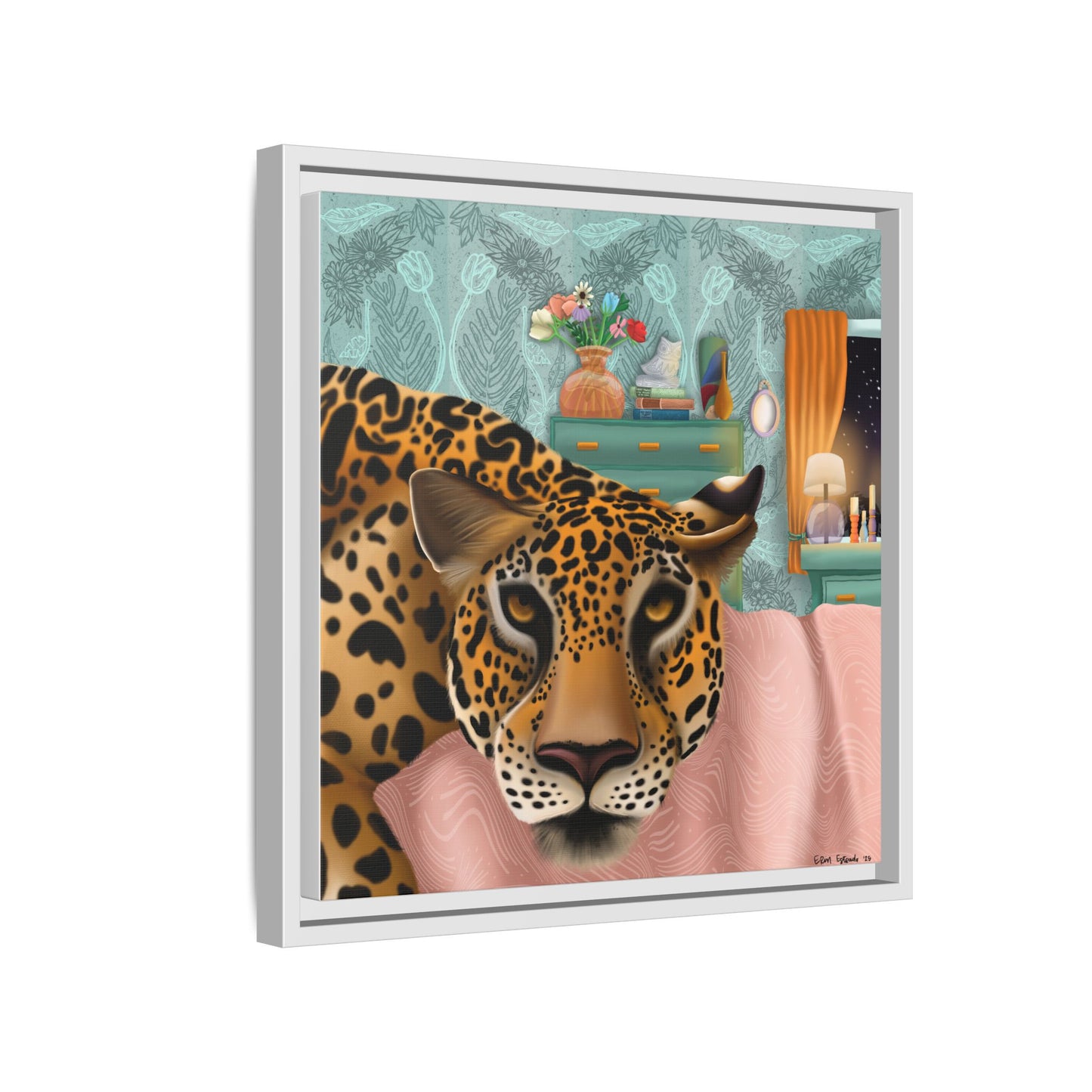 "Lounging Leopard" - Framed Canvas Wall Art