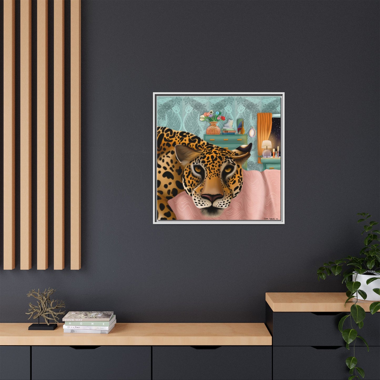 "Lounging Leopard" - Framed Canvas Wall Art
