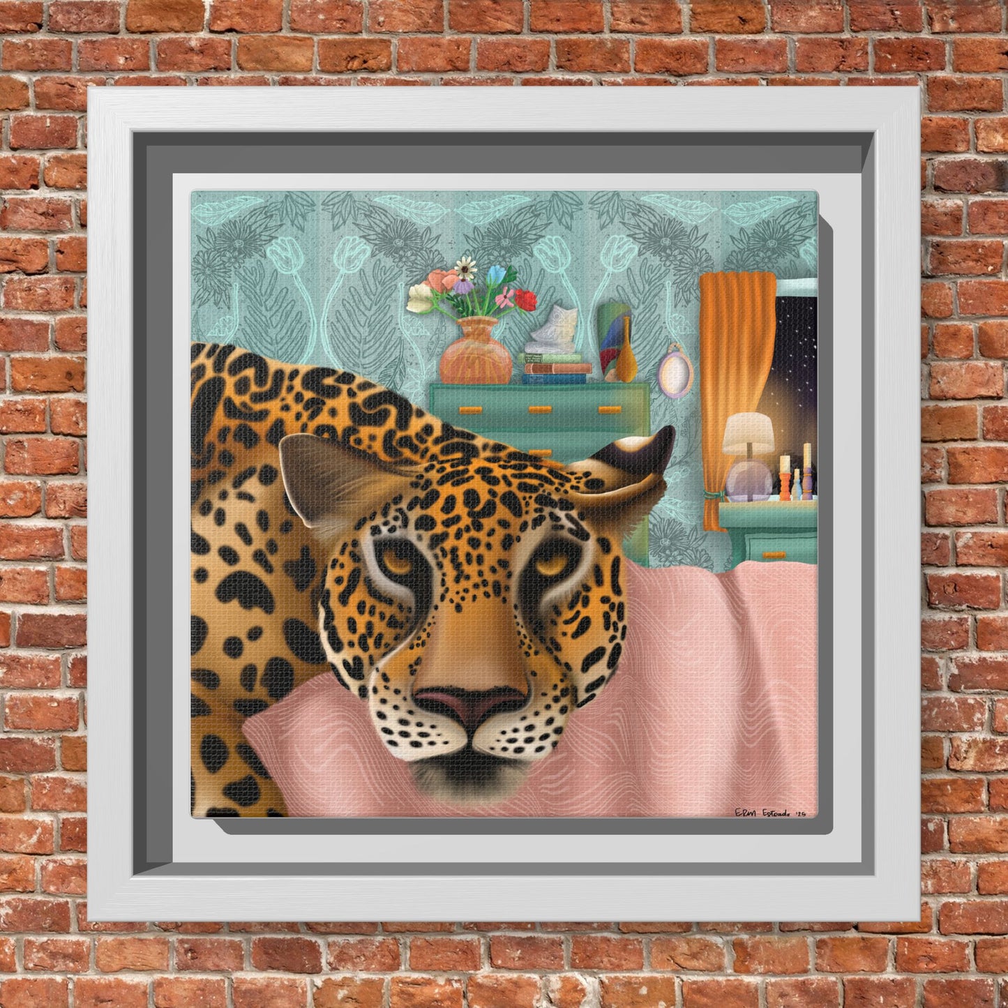"Lounging Leopard" - Framed Canvas Wall Art