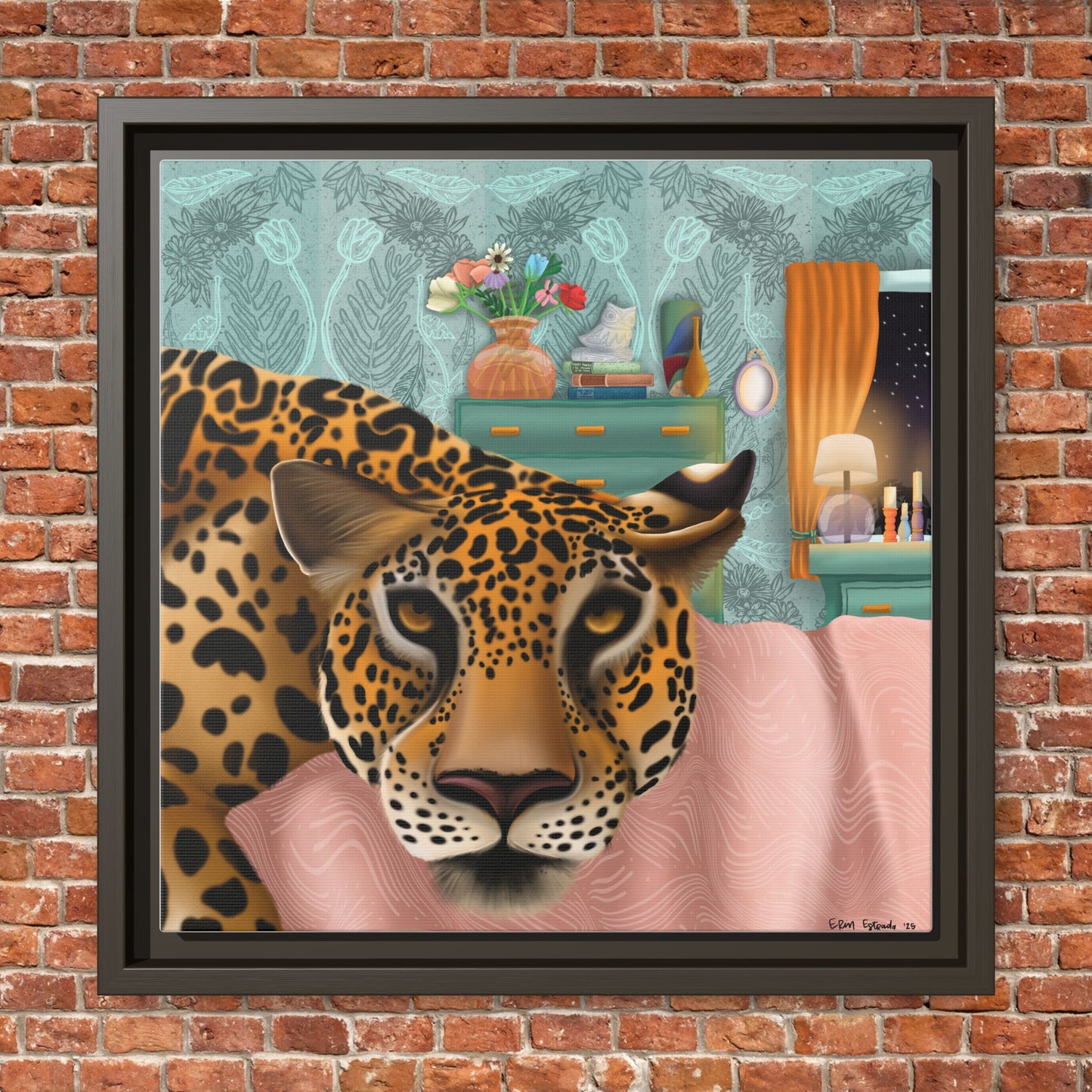 "Lounging Leopard" - Framed Canvas Wall Art