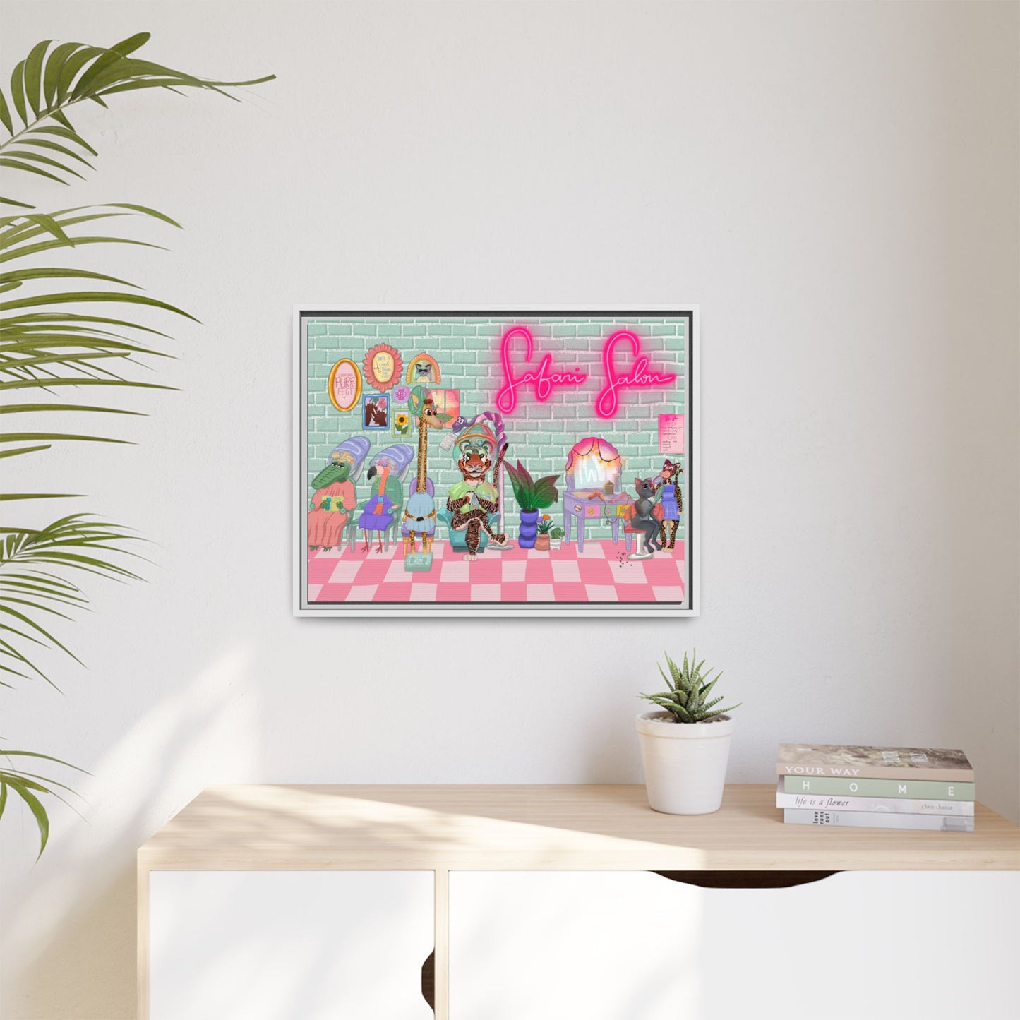"Appointment at Safari Salon" - Framed Canvas Print