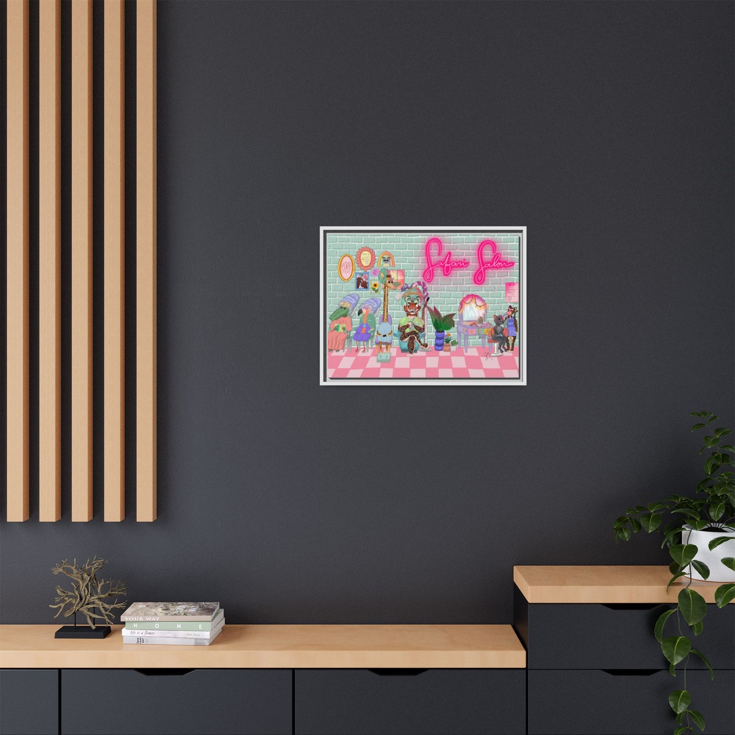 "Appointment at Safari Salon" - Framed Canvas Print