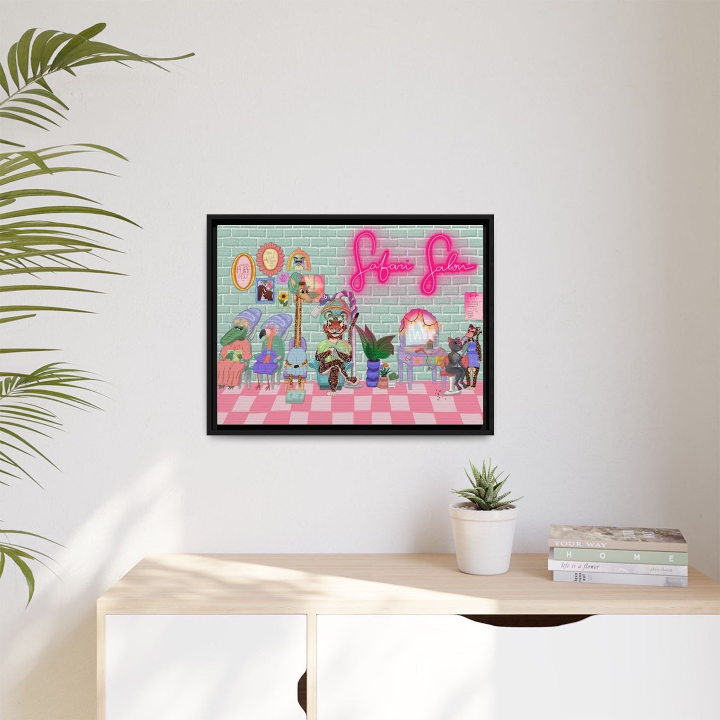 "Appointment at Safari Salon" - Framed Canvas Print