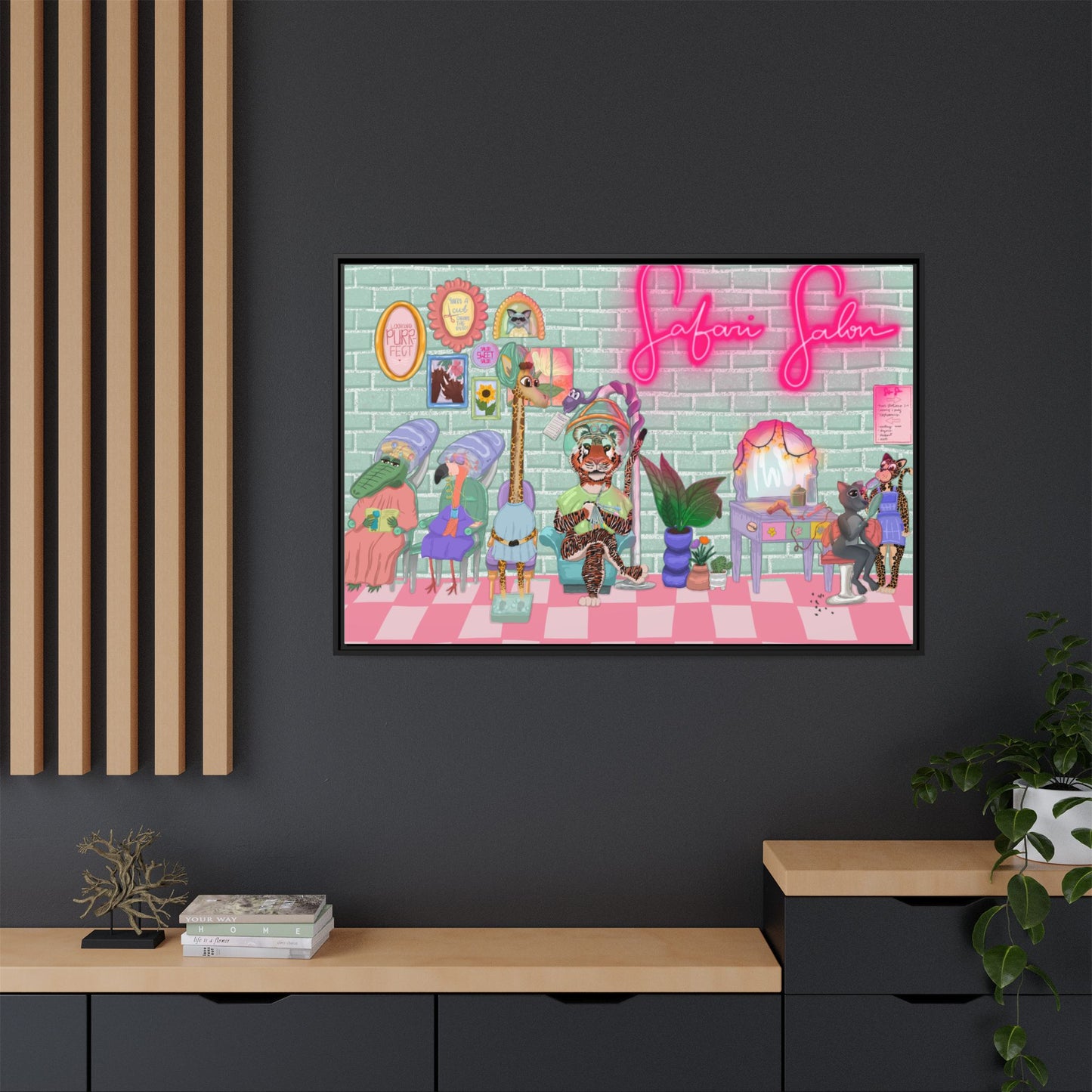 "Appointment at Safari Salon" - Framed Canvas Print