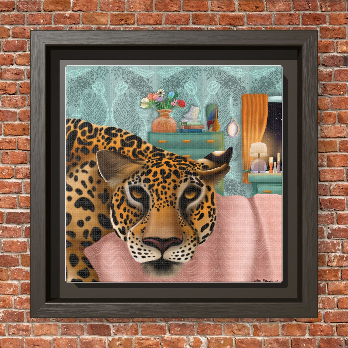 "Lounging Leopard" - Framed Canvas Wall Art