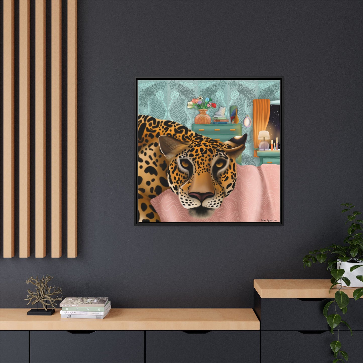 "Lounging Leopard" - Framed Canvas Wall Art