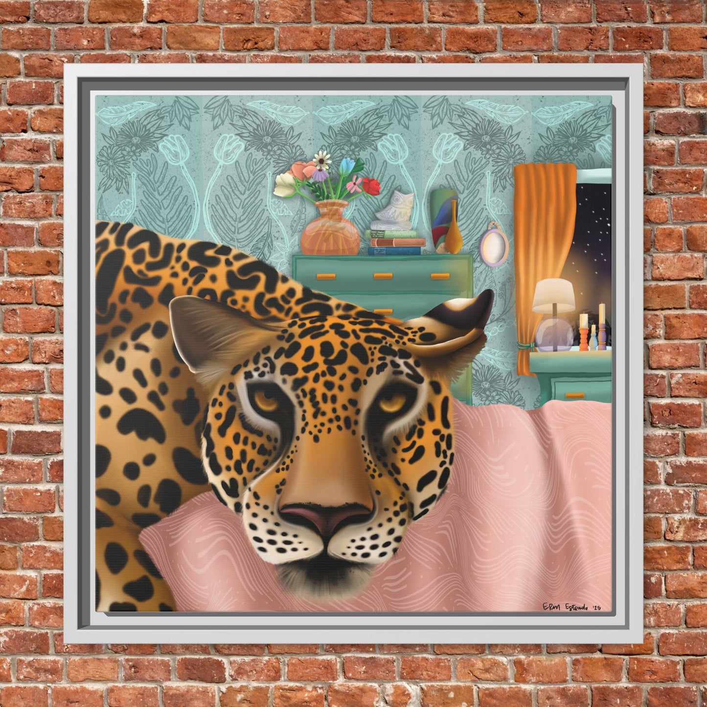 "Lounging Leopard" - Framed Canvas Wall Art