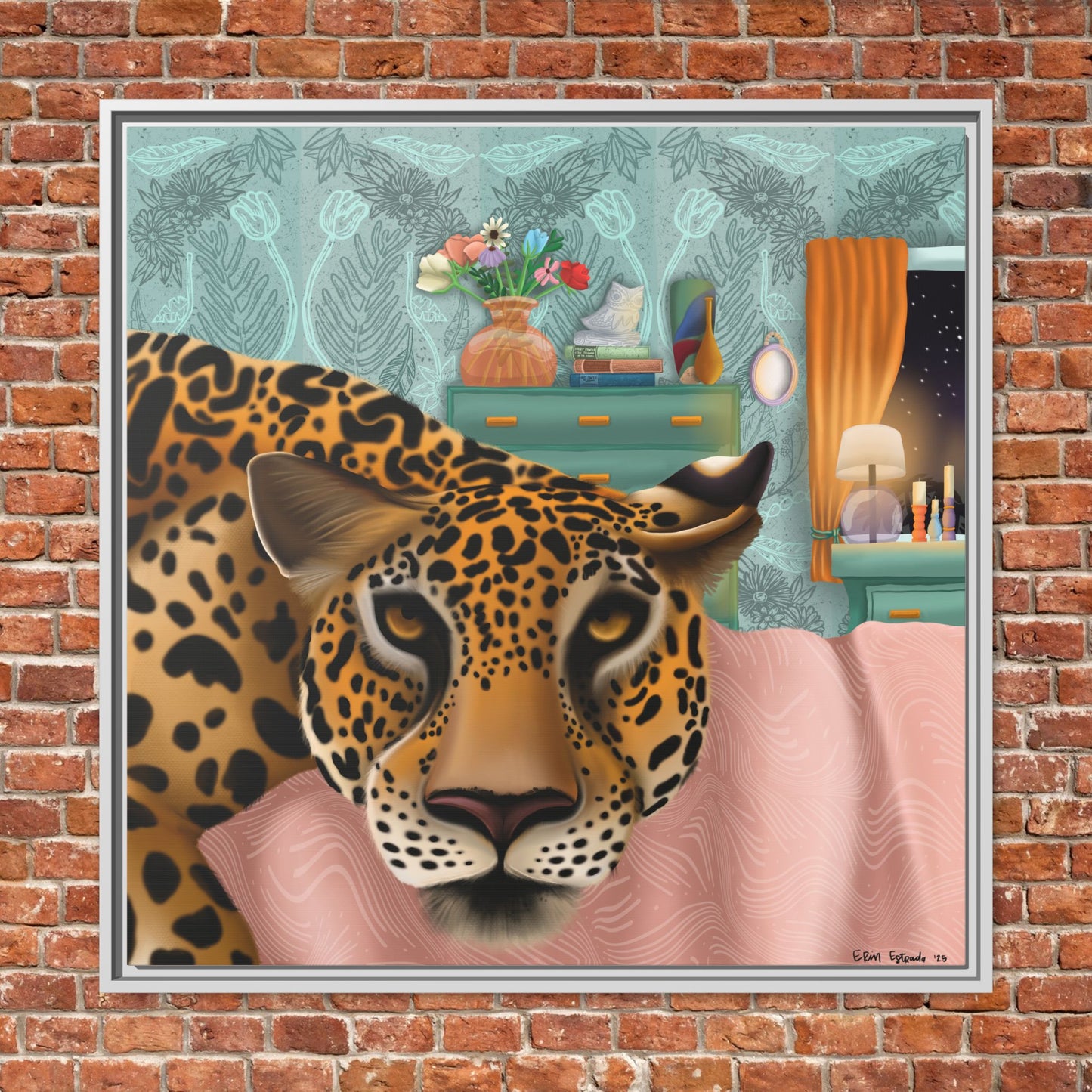 "Lounging Leopard" - Framed Canvas Wall Art