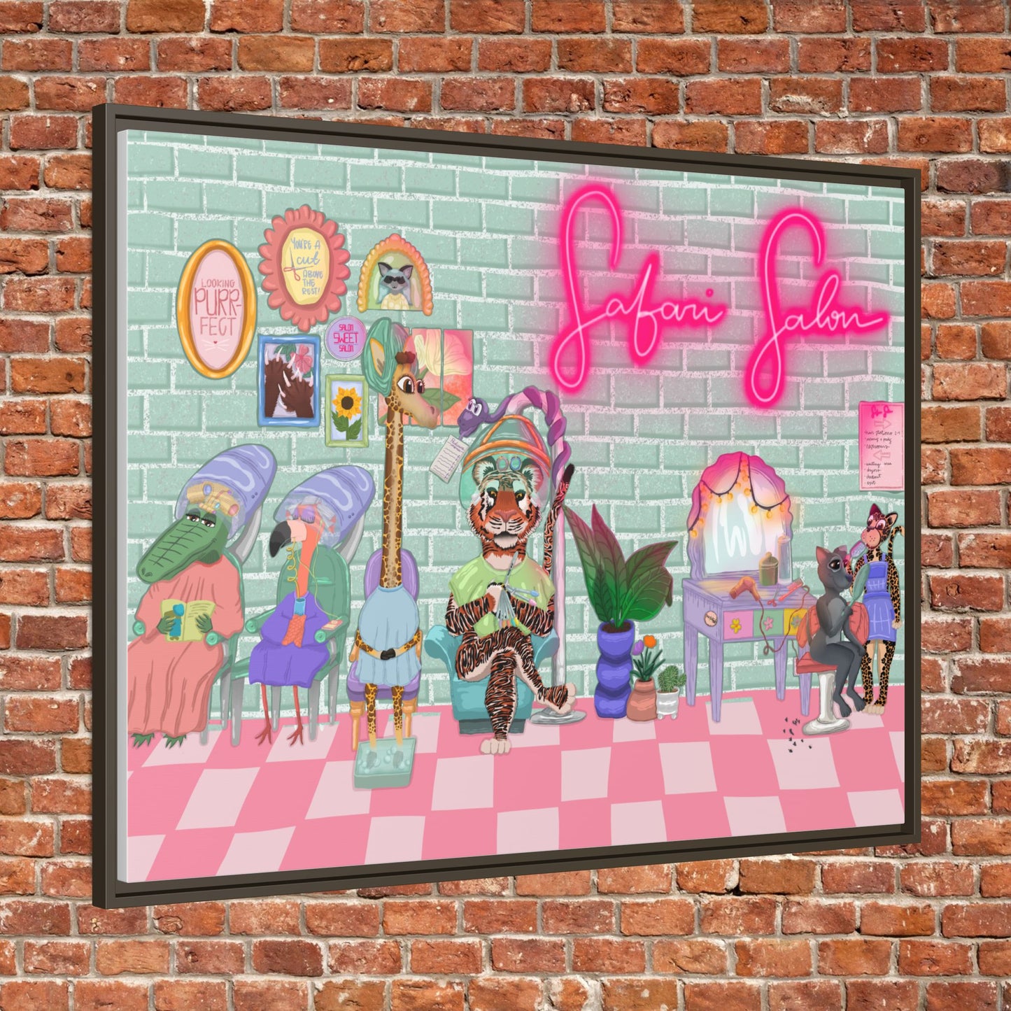 "Appointment at Safari Salon" - Framed Canvas Print