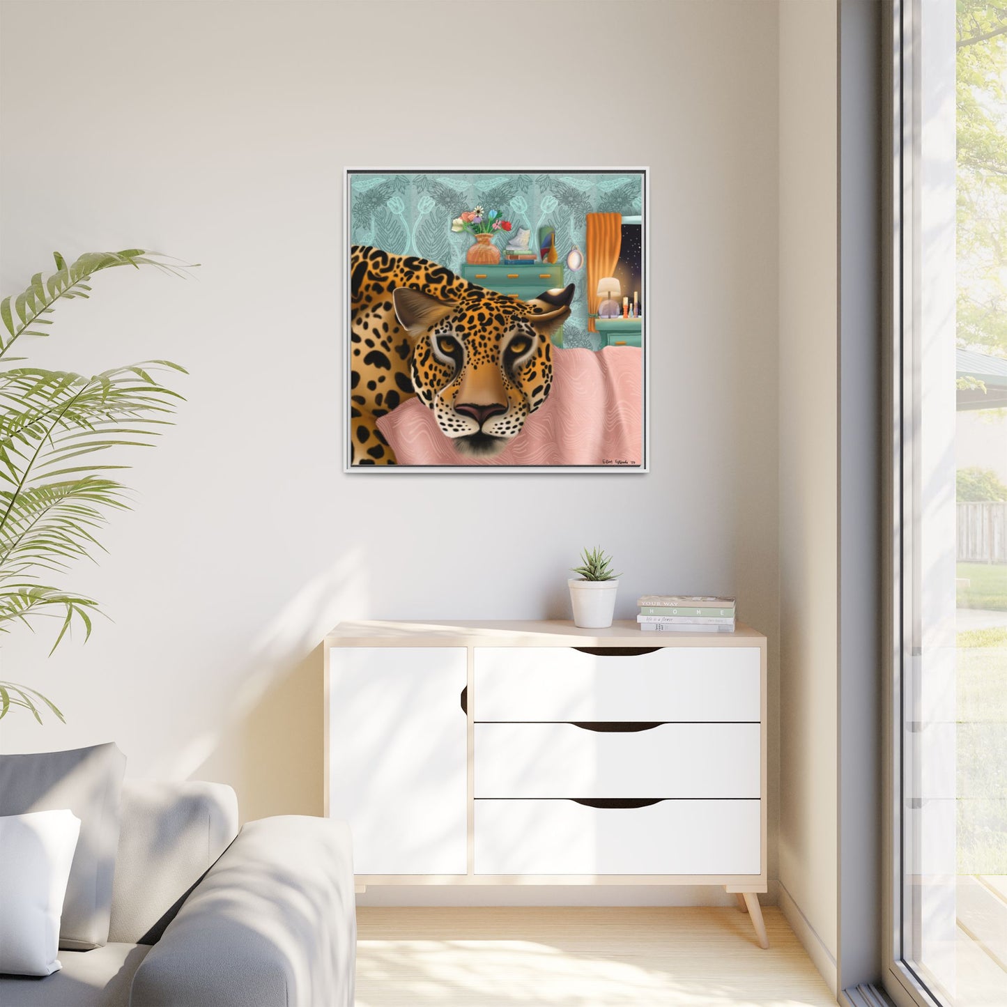 "Lounging Leopard" - Framed Canvas Wall Art