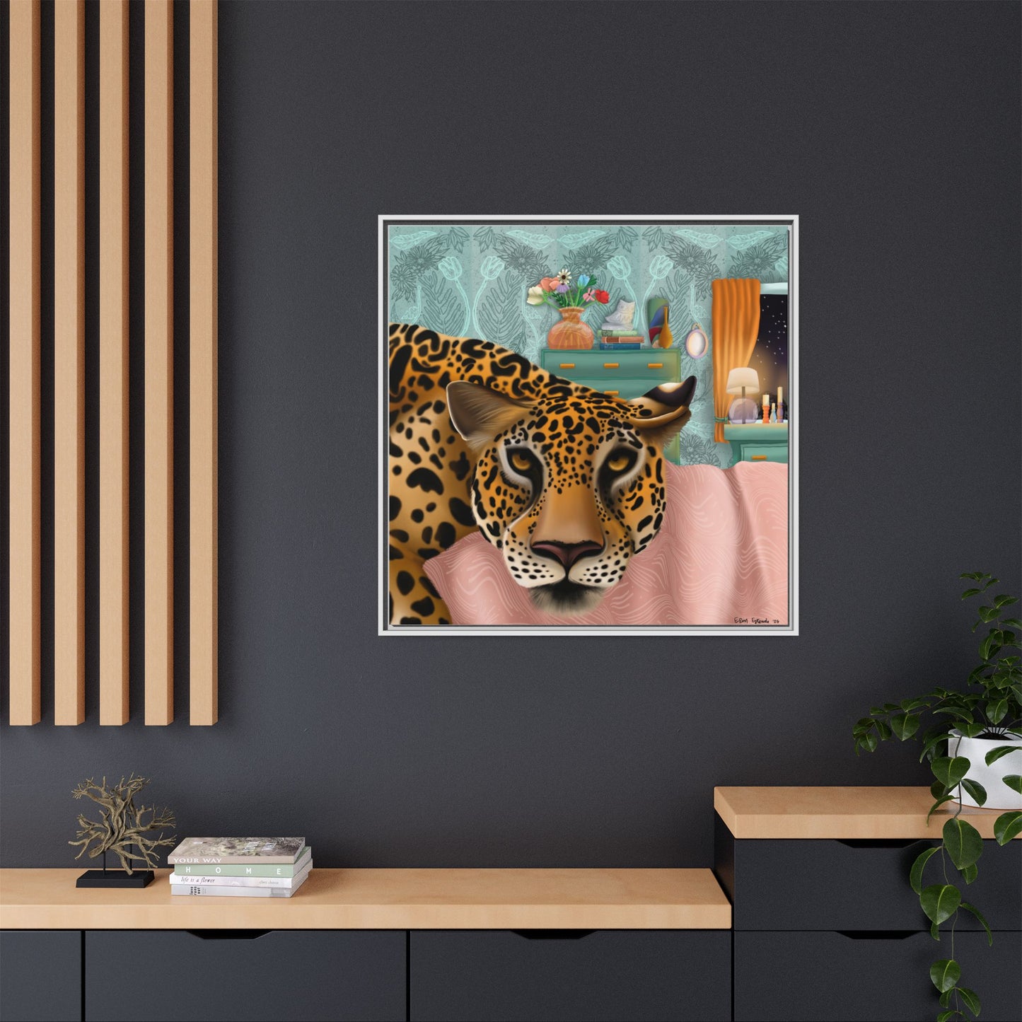 "Lounging Leopard" - Framed Canvas Wall Art