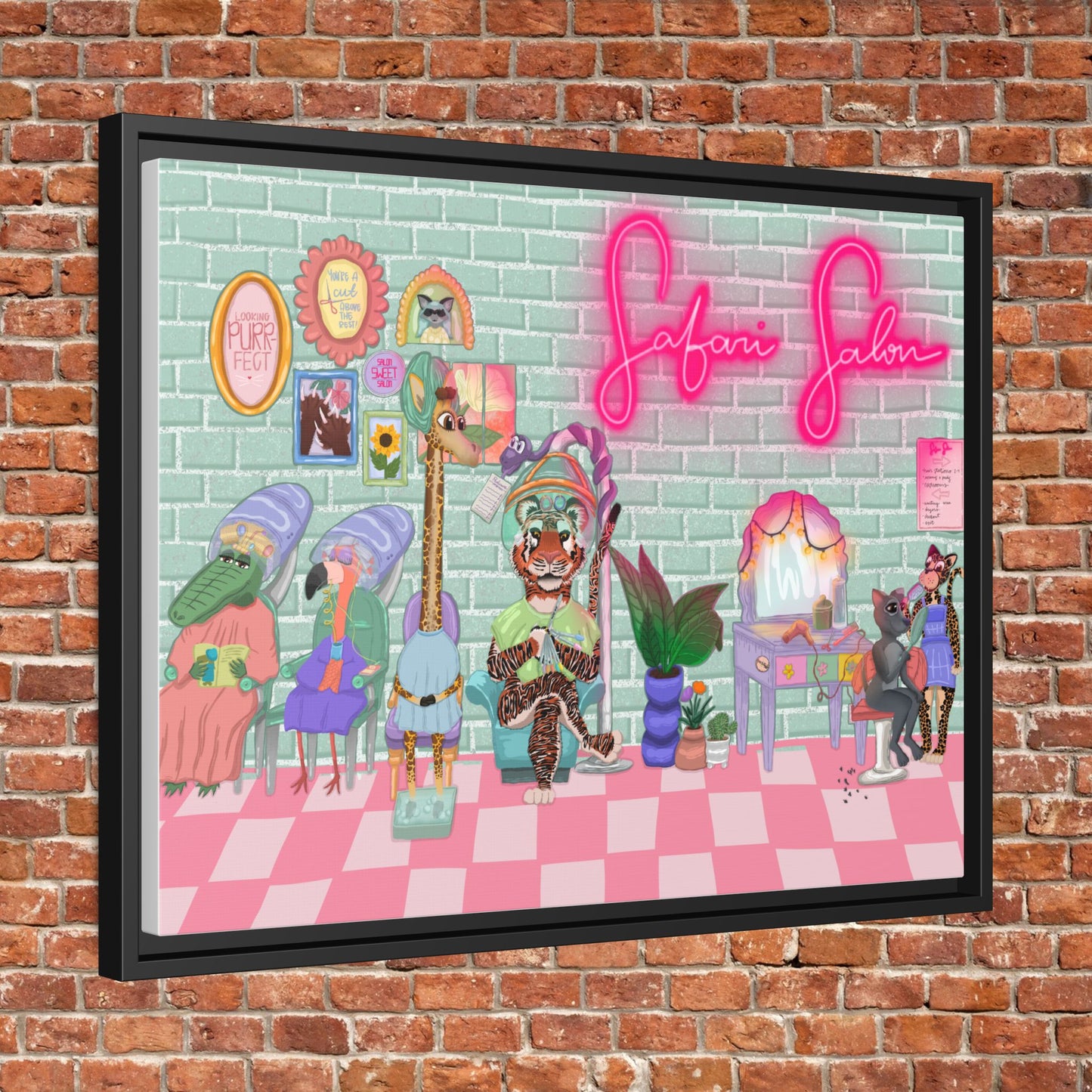 "Appointment at Safari Salon" - Framed Canvas Print