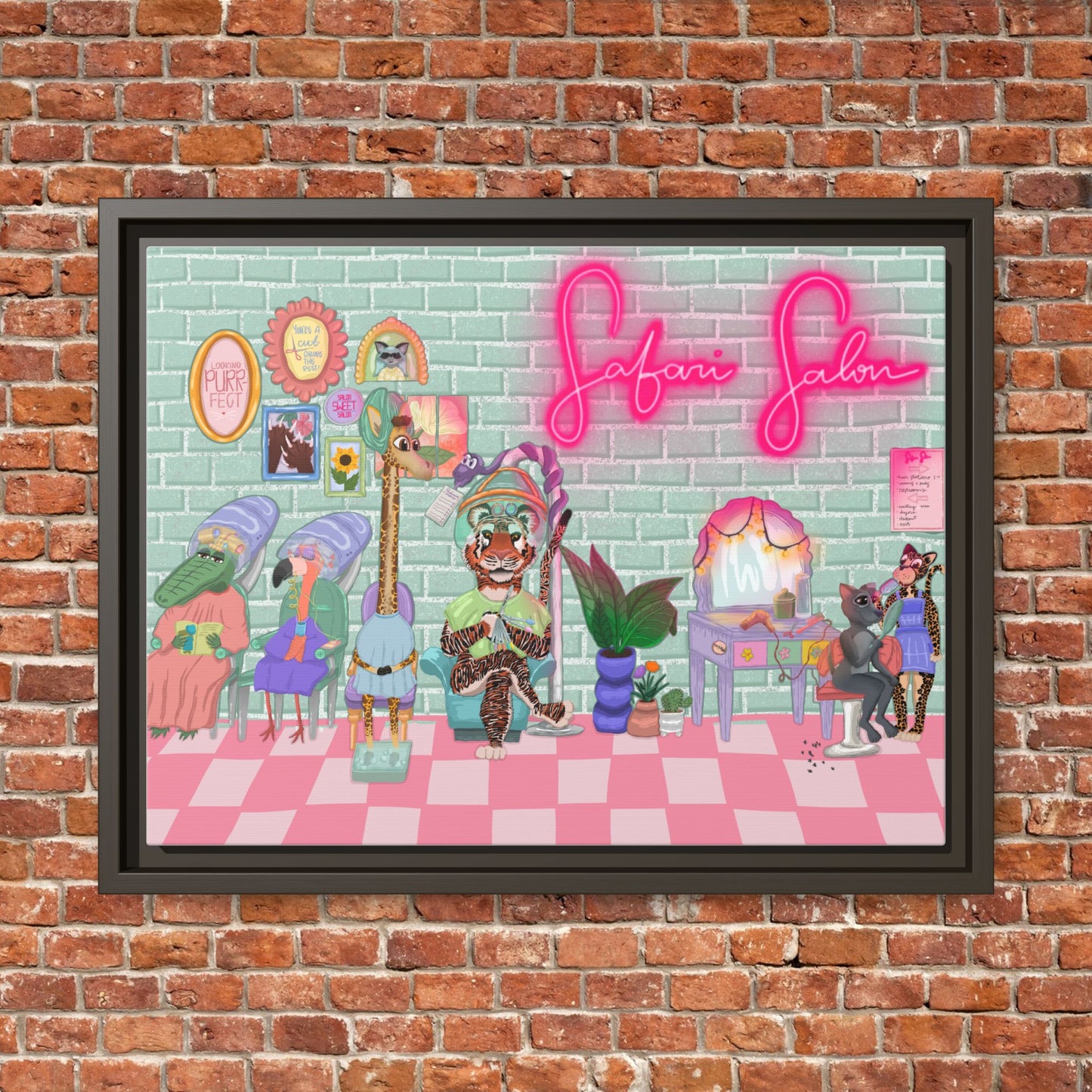 "Appointment at Safari Salon" - Framed Canvas Print