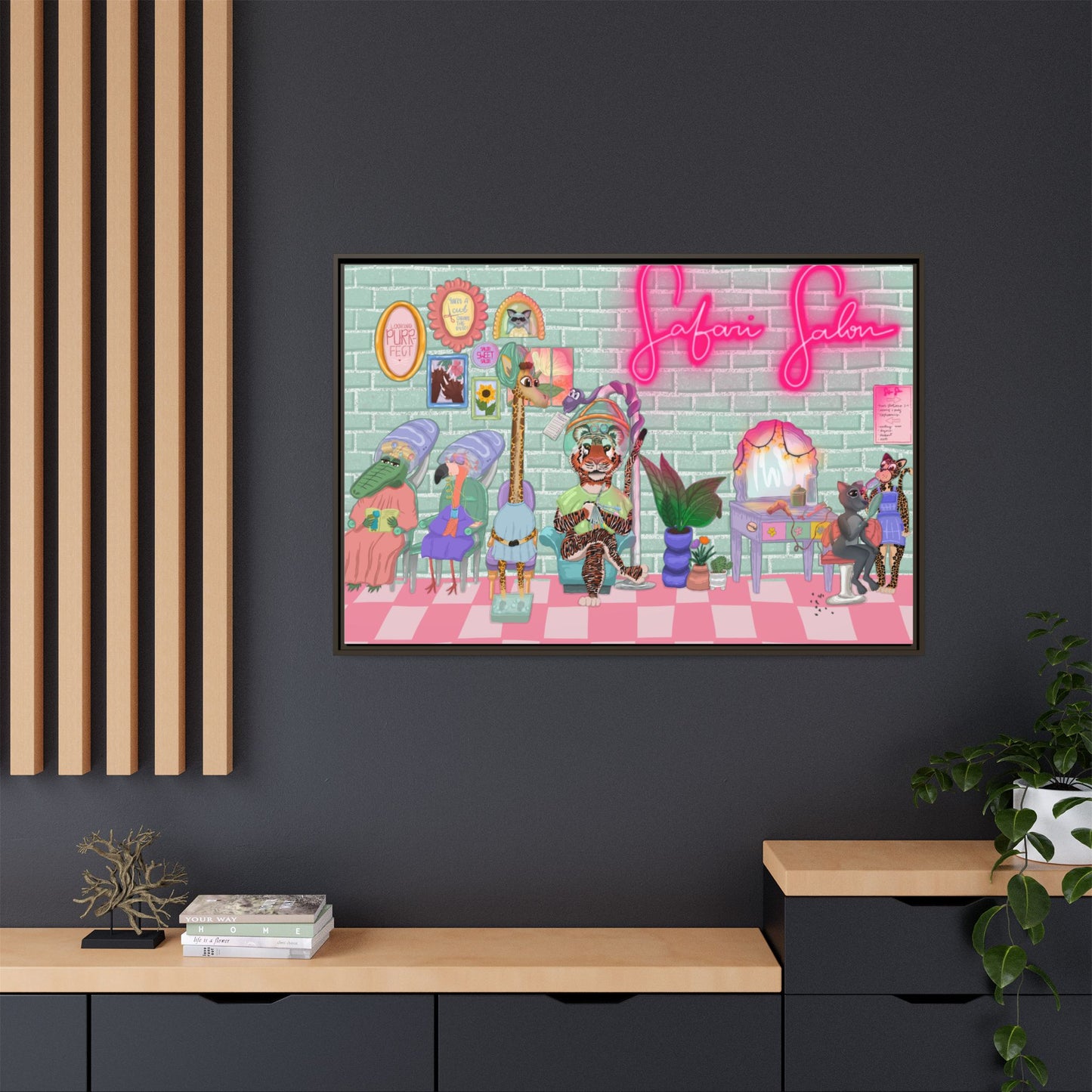 "Appointment at Safari Salon" - Framed Canvas Print