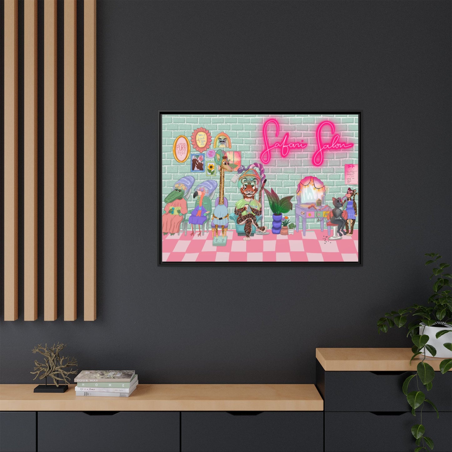 "Appointment at Safari Salon" - Framed Canvas Print