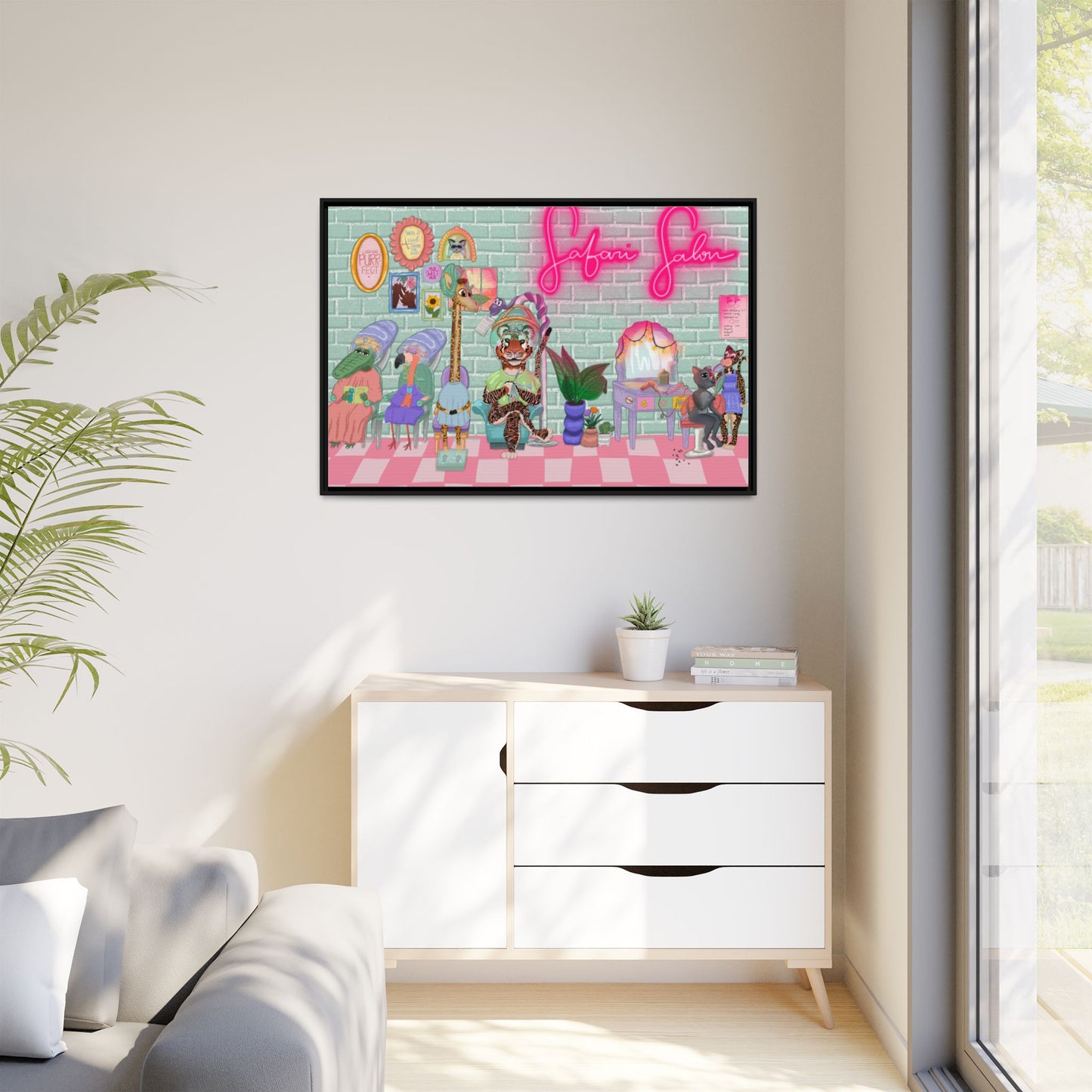 "Appointment at Safari Salon" - Framed Canvas Print