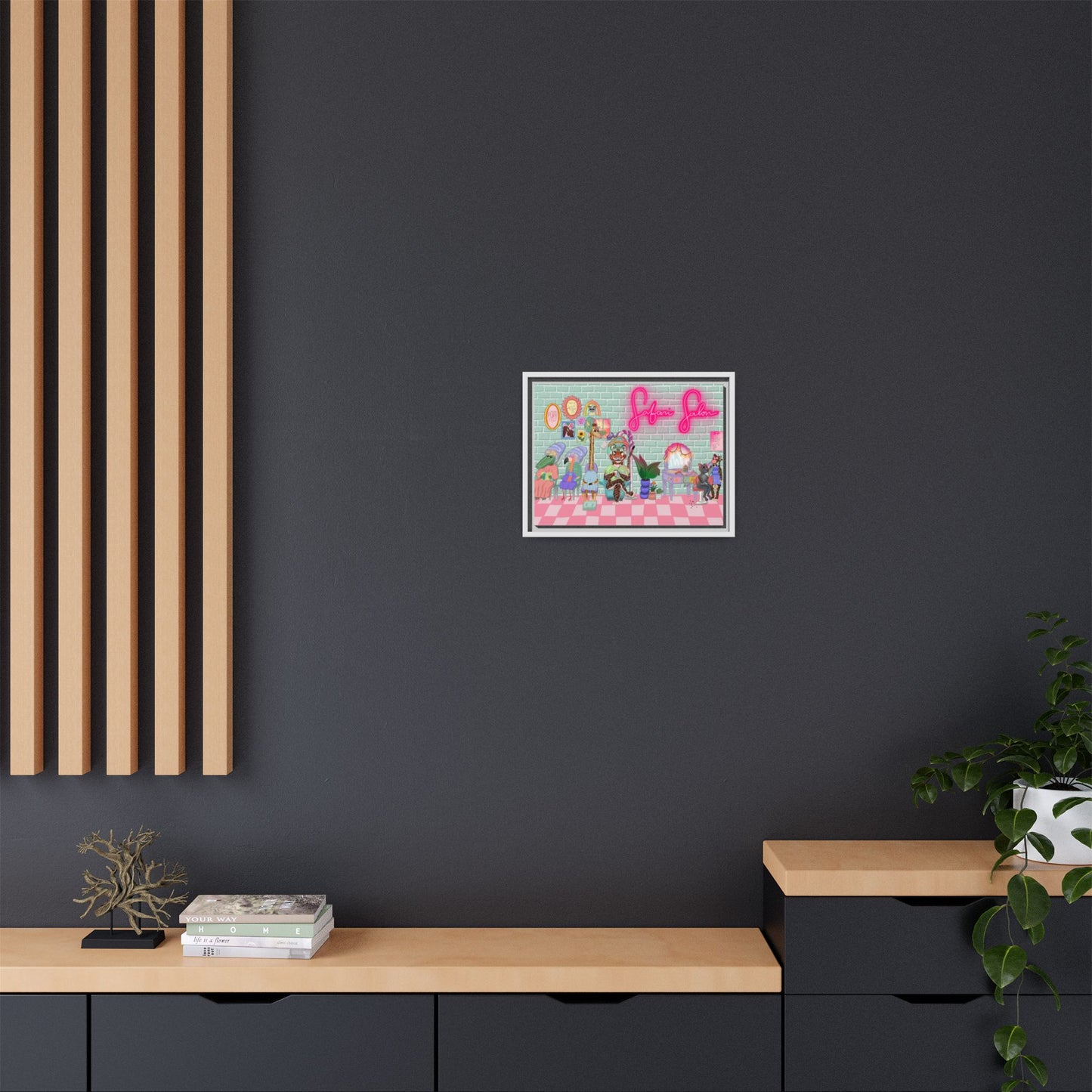 "Appointment at Safari Salon" - Framed Canvas Print