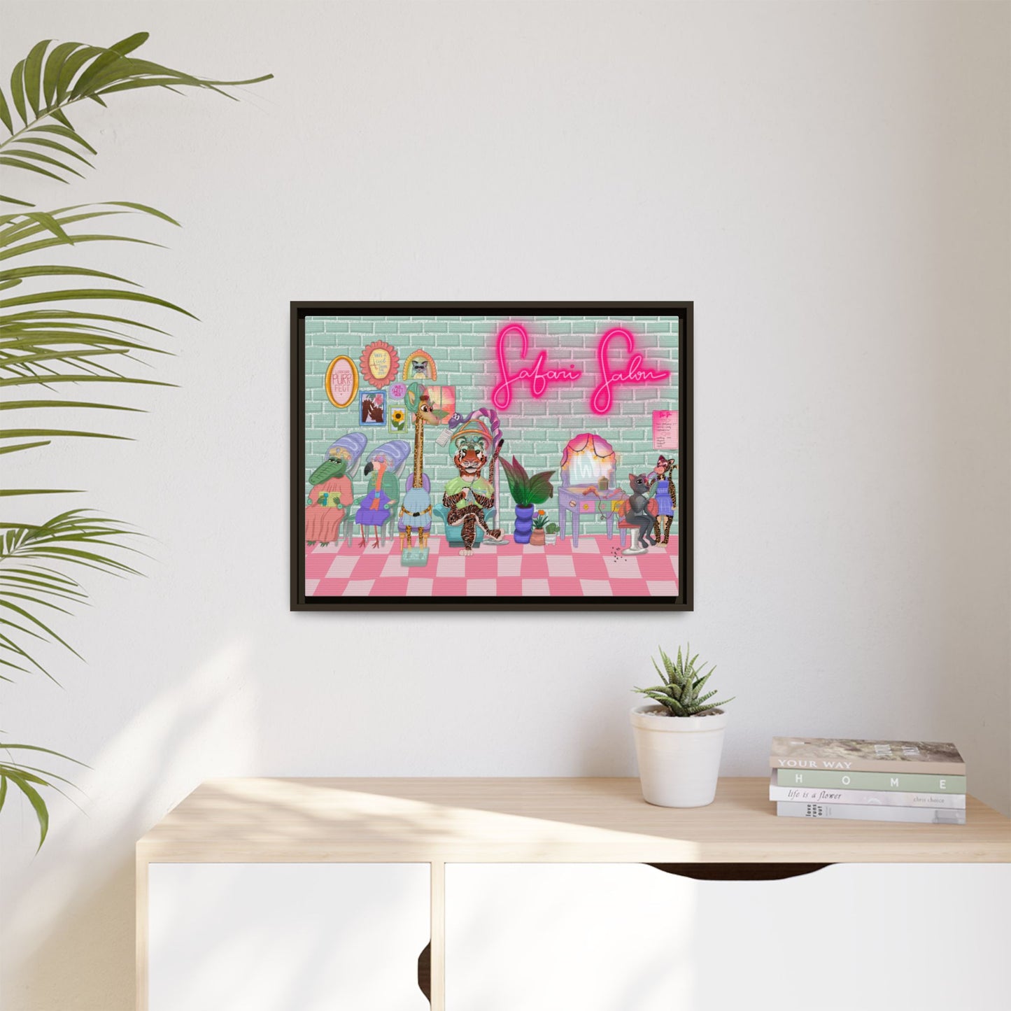 "Appointment at Safari Salon" - Framed Canvas Print