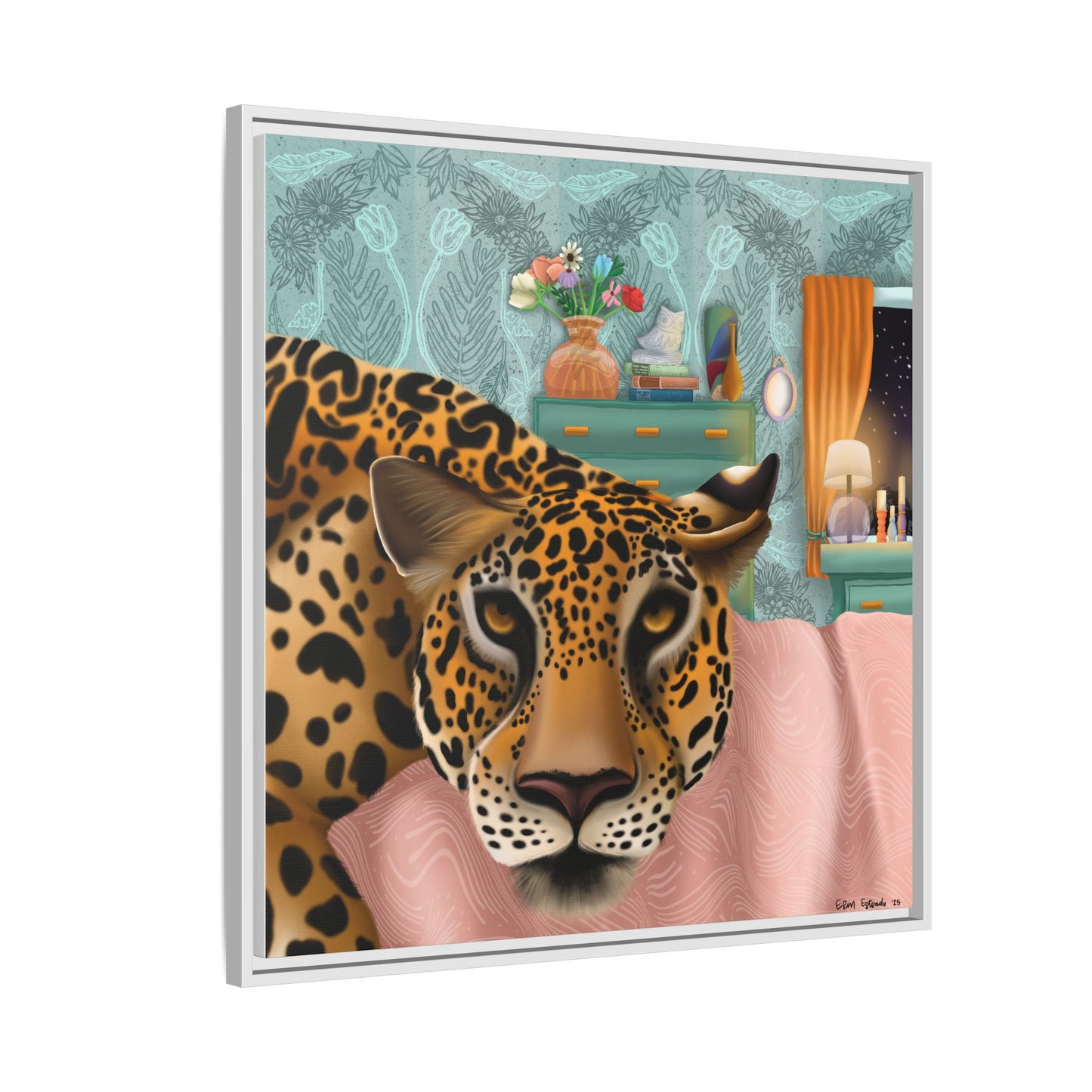 "Lounging Leopard" - Framed Canvas Wall Art