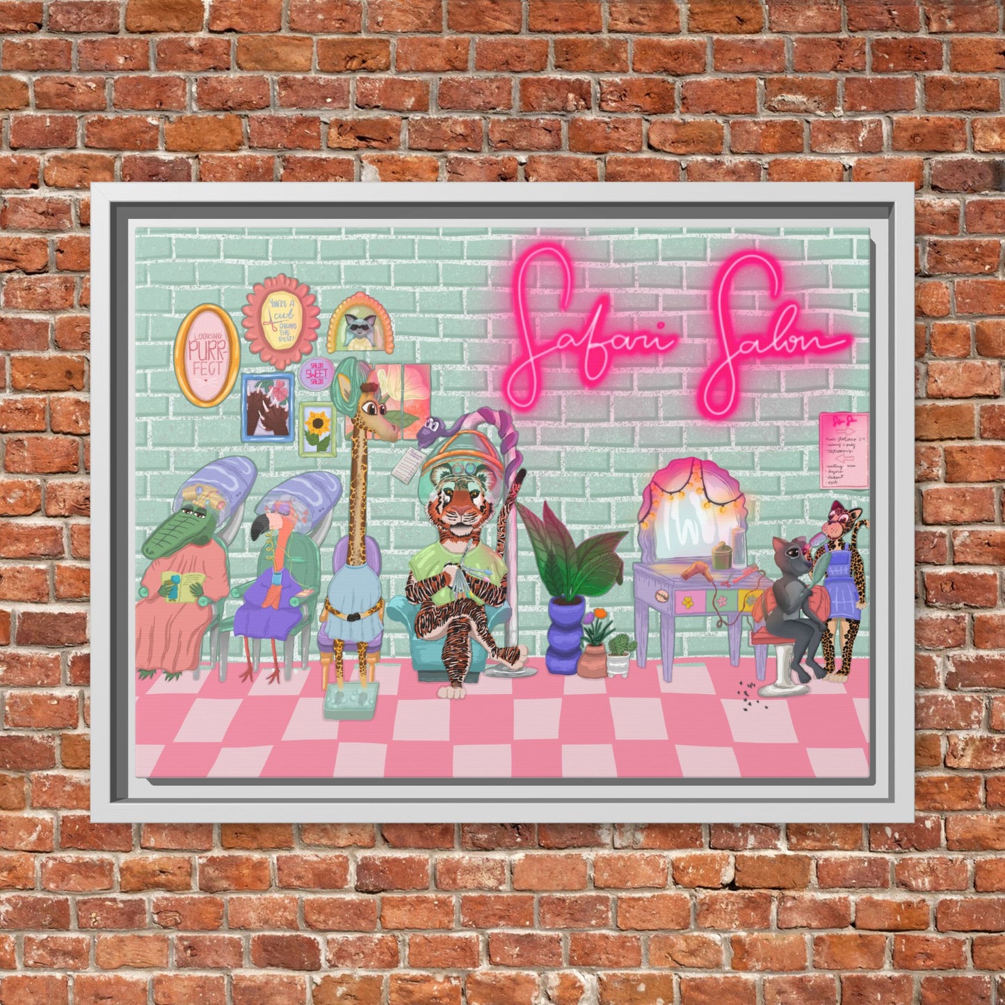 "Appointment at Safari Salon" - Framed Canvas Print