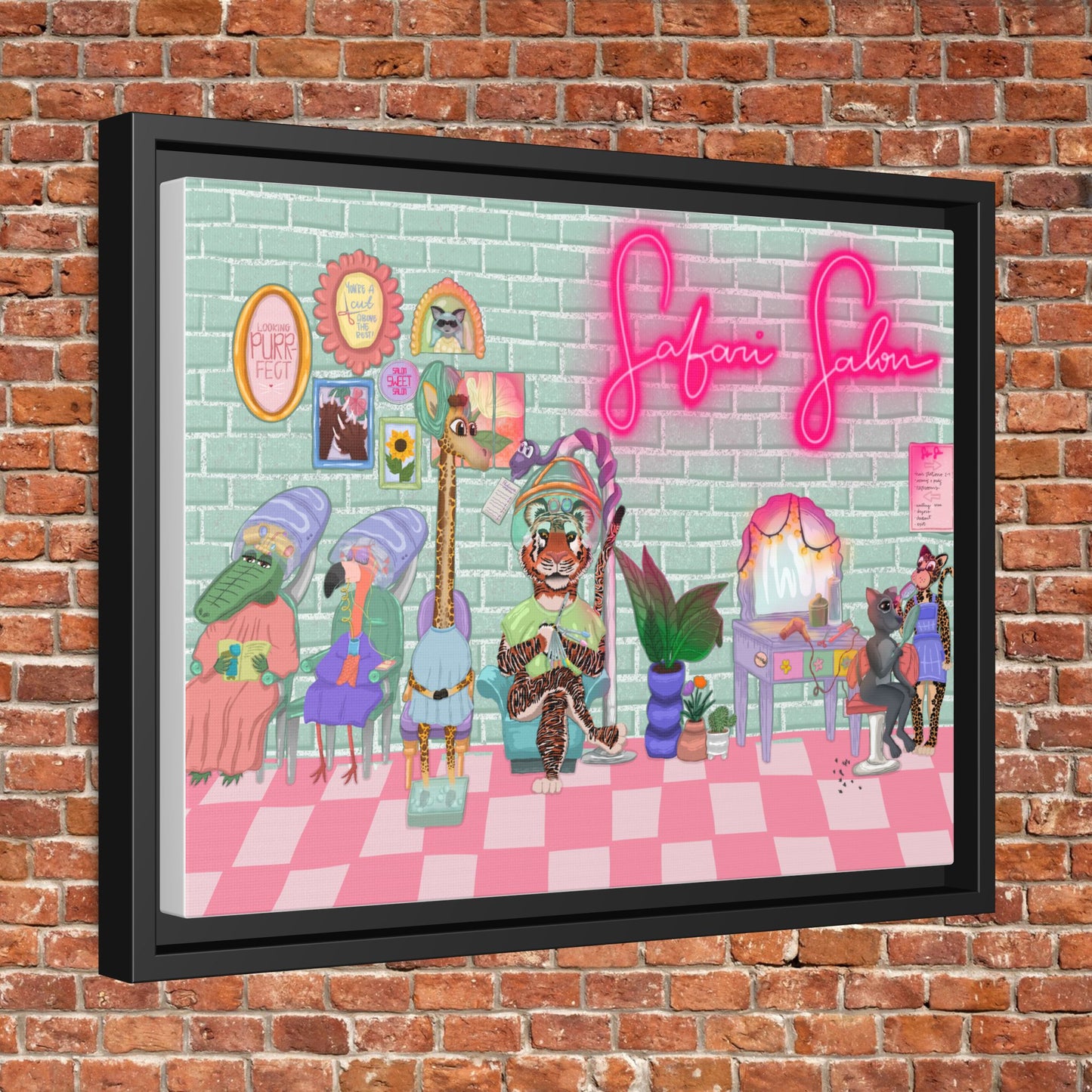 "Appointment at Safari Salon" - Framed Canvas Print
