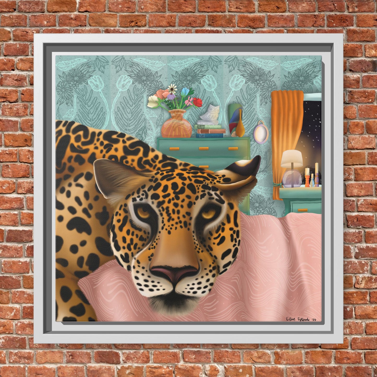 "Lounging Leopard" - Framed Canvas Wall Art