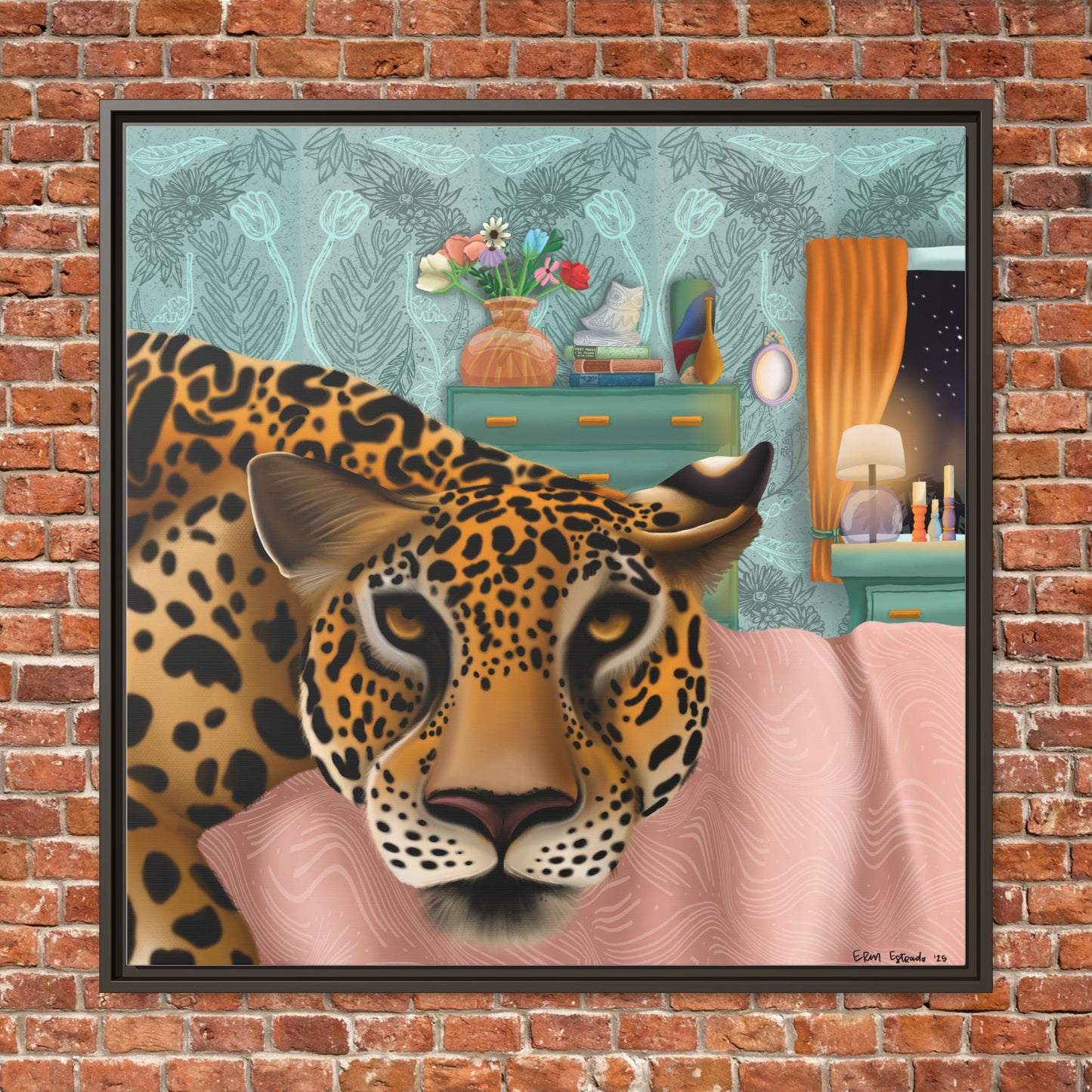 "Lounging Leopard" - Framed Canvas Wall Art