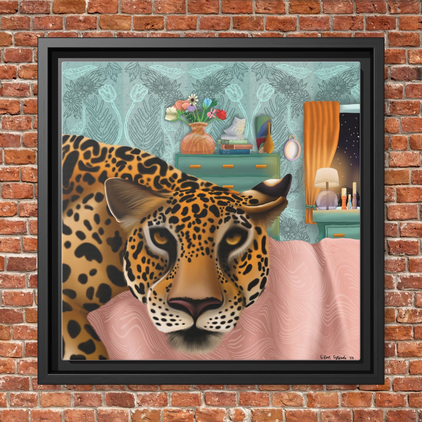"Lounging Leopard" - Framed Canvas Wall Art
