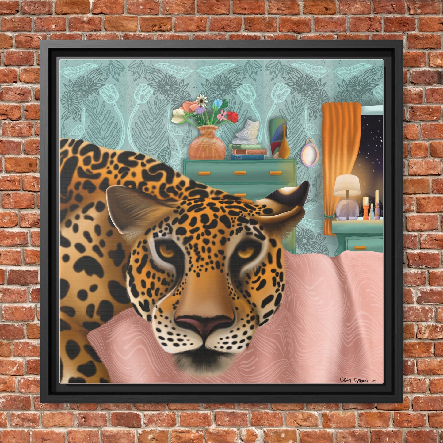 "Lounging Leopard" - Framed Canvas Wall Art
