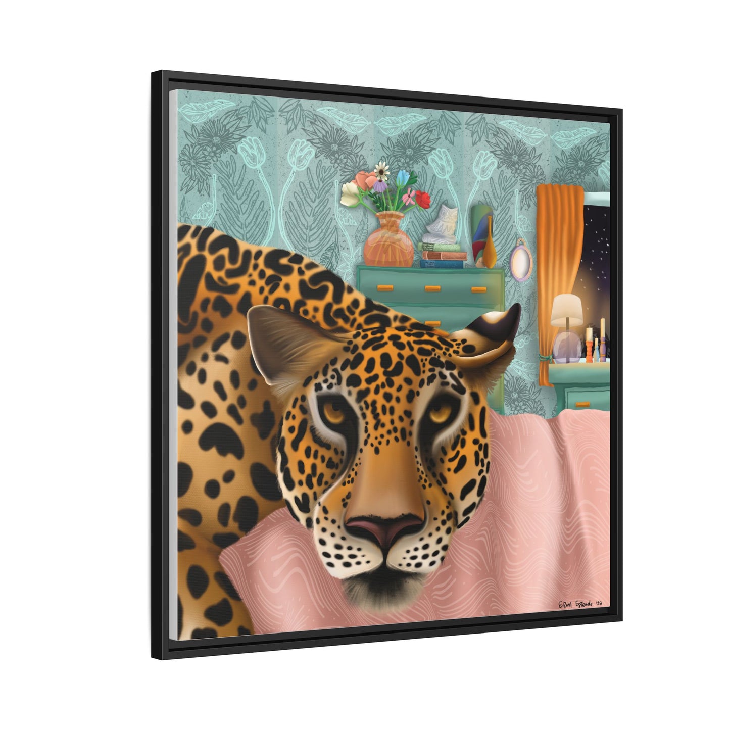 "Lounging Leopard" - Framed Canvas Wall Art