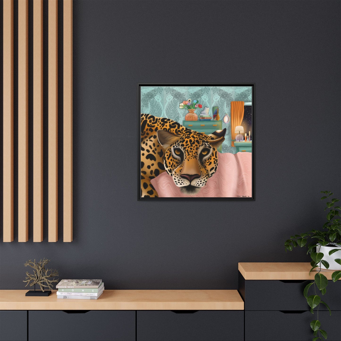 "Lounging Leopard" - Framed Canvas Wall Art