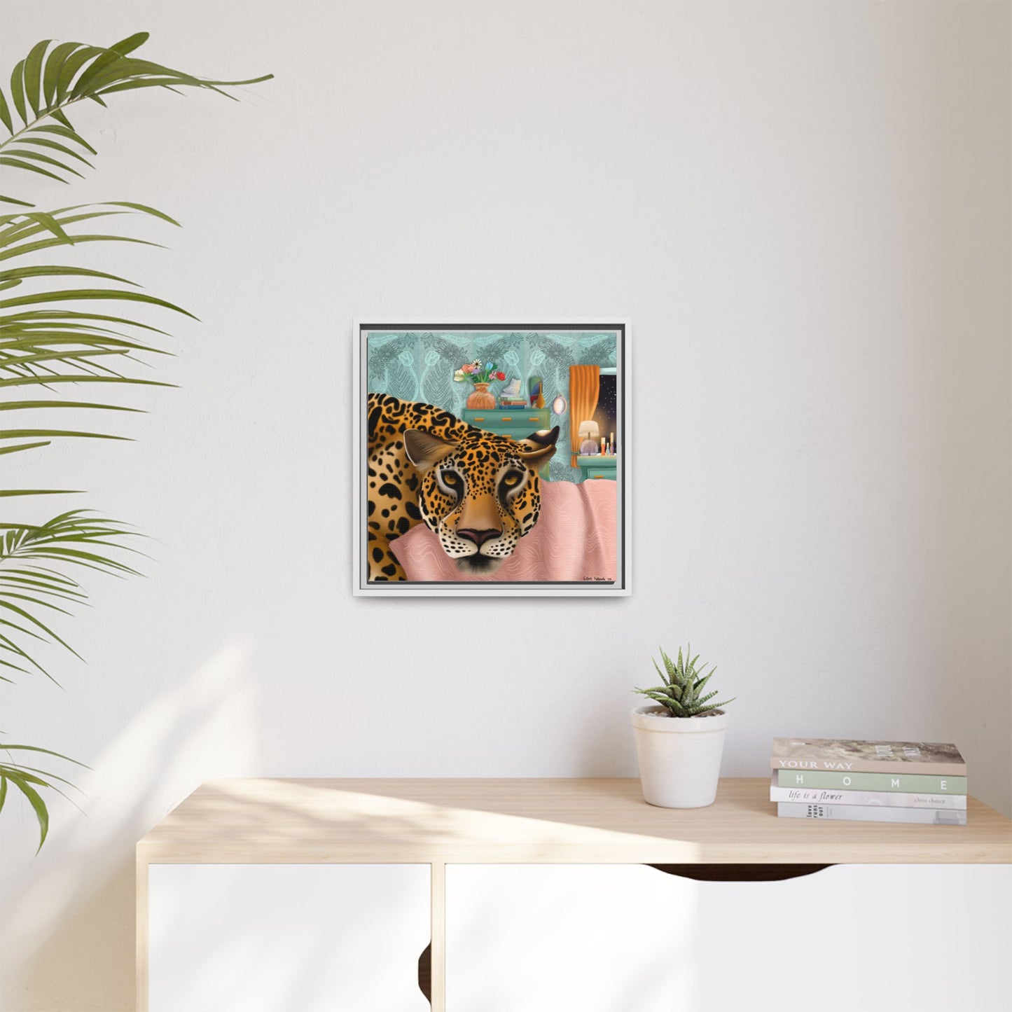 "Lounging Leopard" - Framed Canvas Wall Art