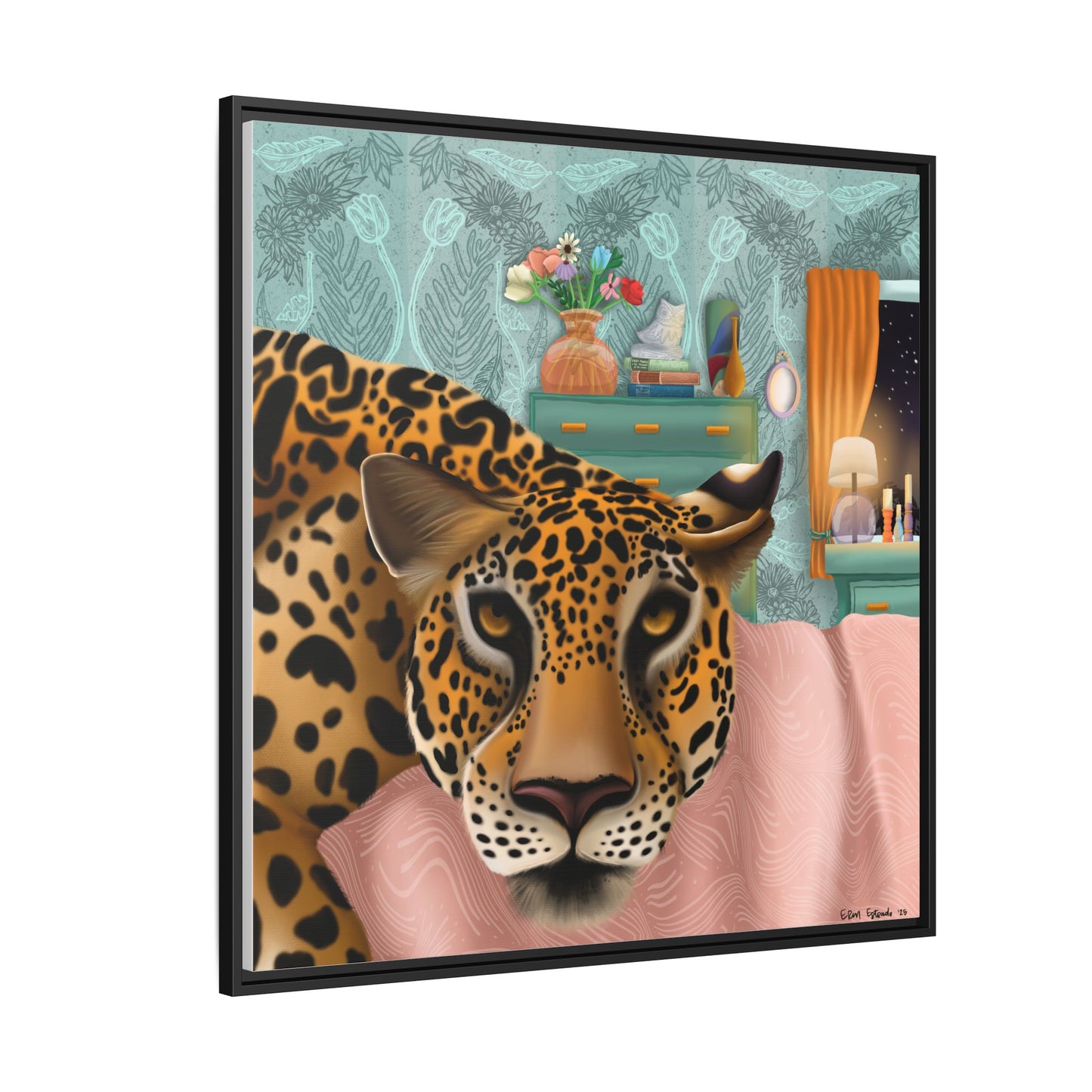 "Lounging Leopard" - Framed Canvas Wall Art
