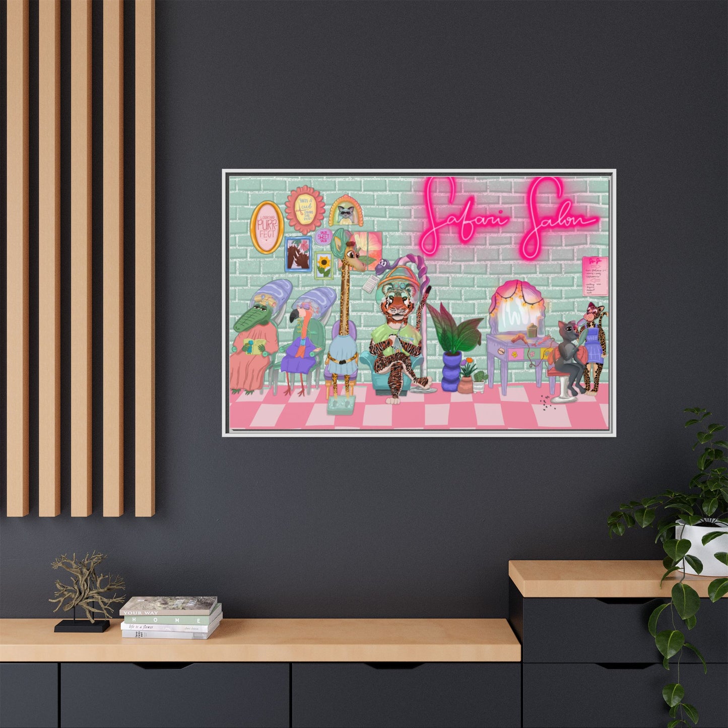 "Appointment at Safari Salon" - Framed Canvas Print