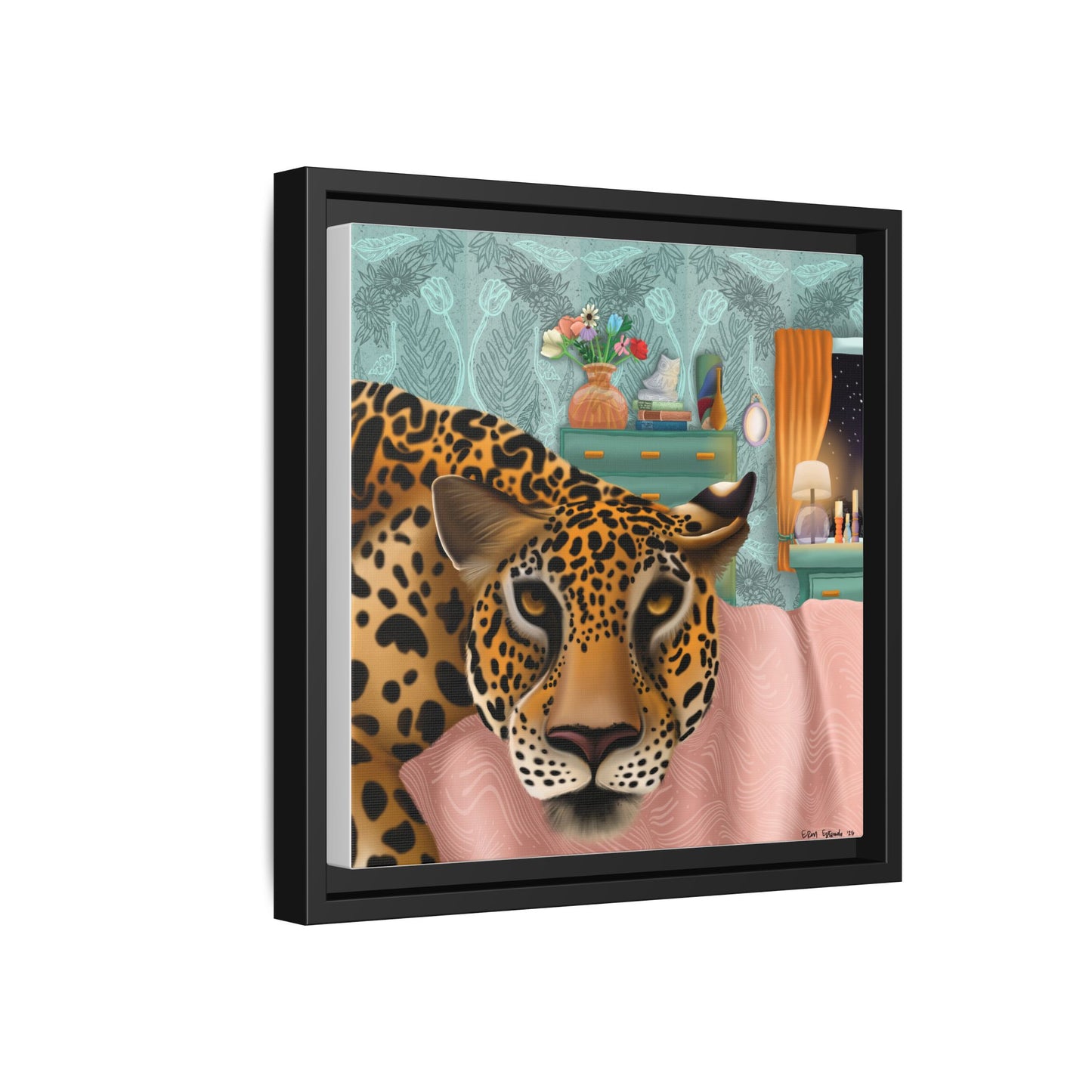 "Lounging Leopard" - Framed Canvas Wall Art