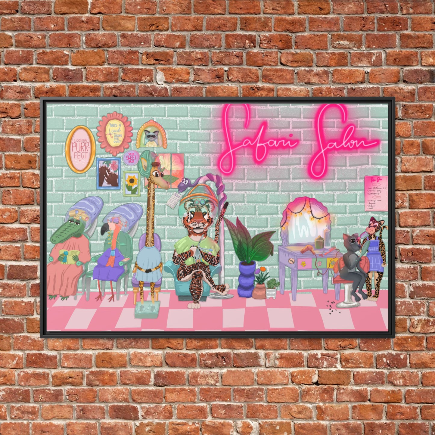 "Appointment at Safari Salon" - Framed Canvas Print