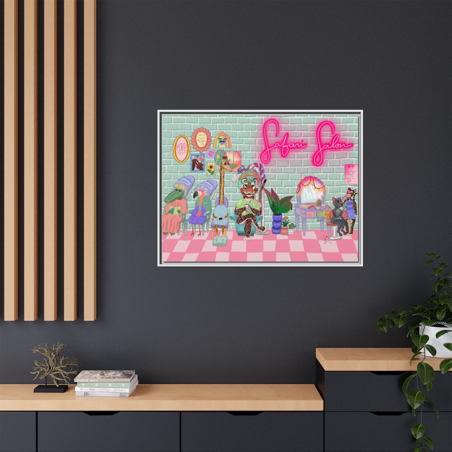 "Appointment at Safari Salon" - Framed Canvas Print