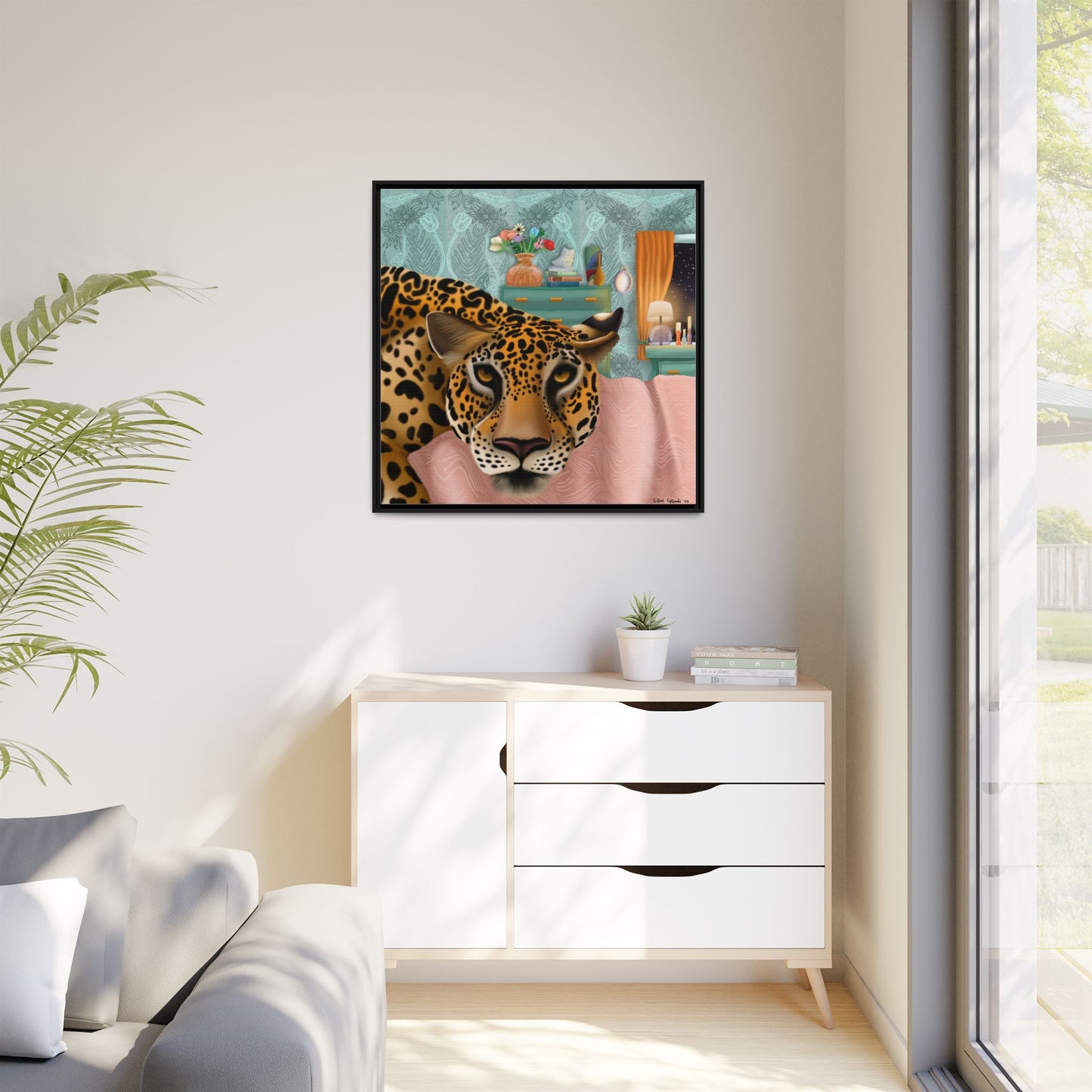 "Lounging Leopard" - Framed Canvas Wall Art