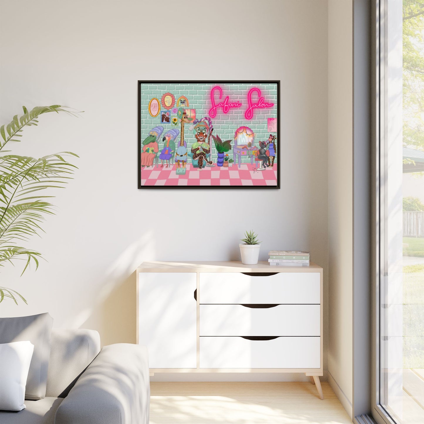 "Appointment at Safari Salon" - Framed Canvas Print