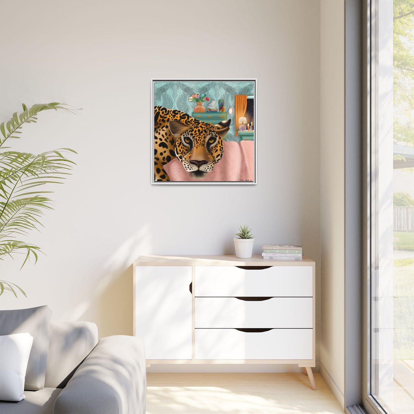 "Lounging Leopard" - Framed Canvas Wall Art