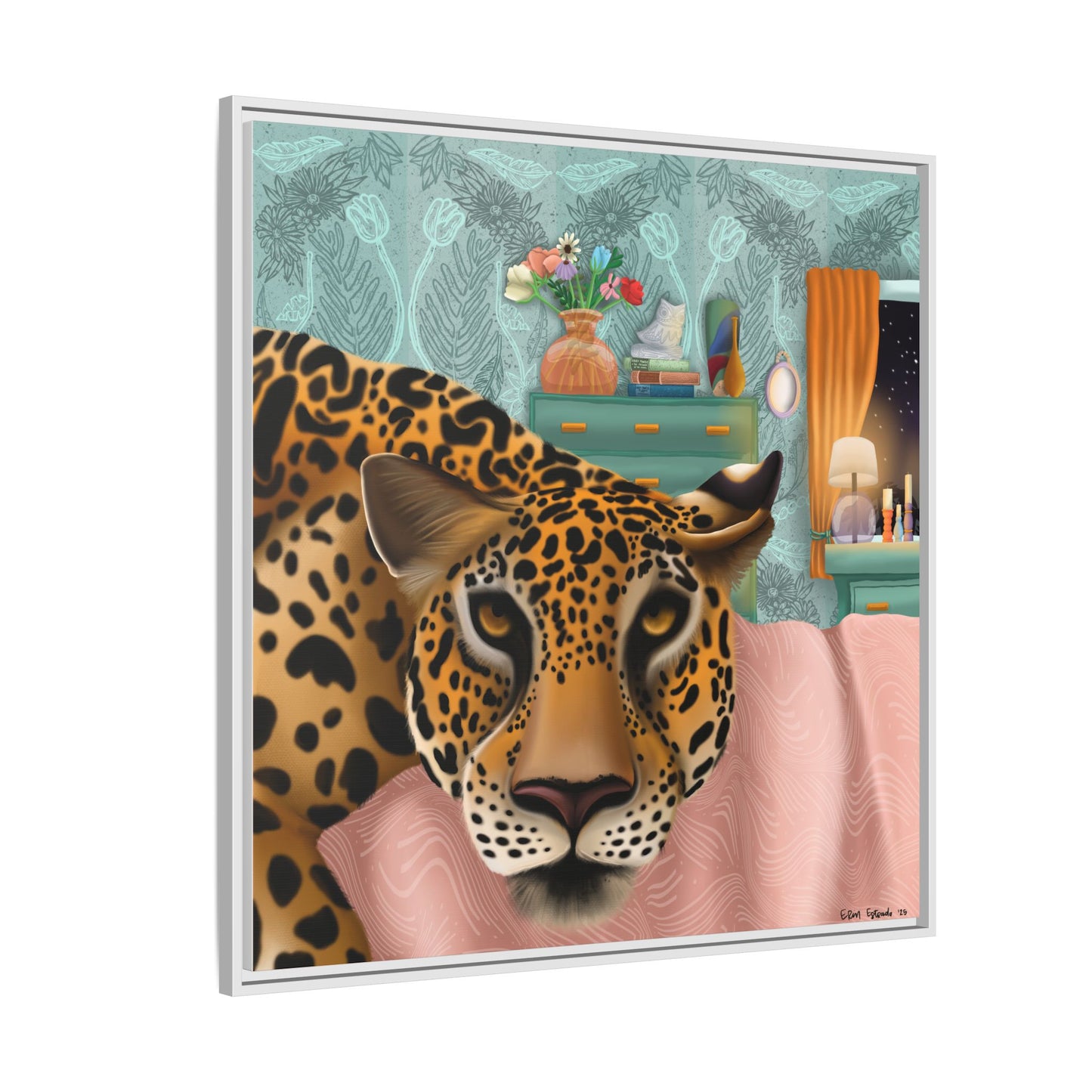 "Lounging Leopard" - Framed Canvas Wall Art