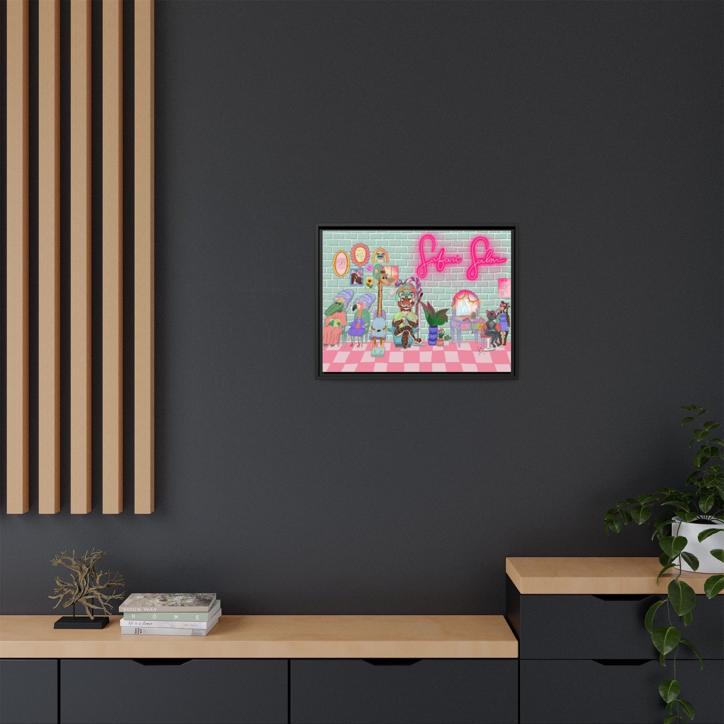 "Appointment at Safari Salon" - Framed Canvas Print