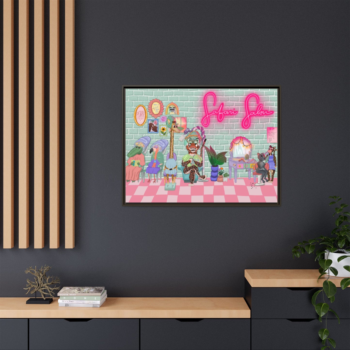 "Appointment at Safari Salon" - Framed Canvas Print