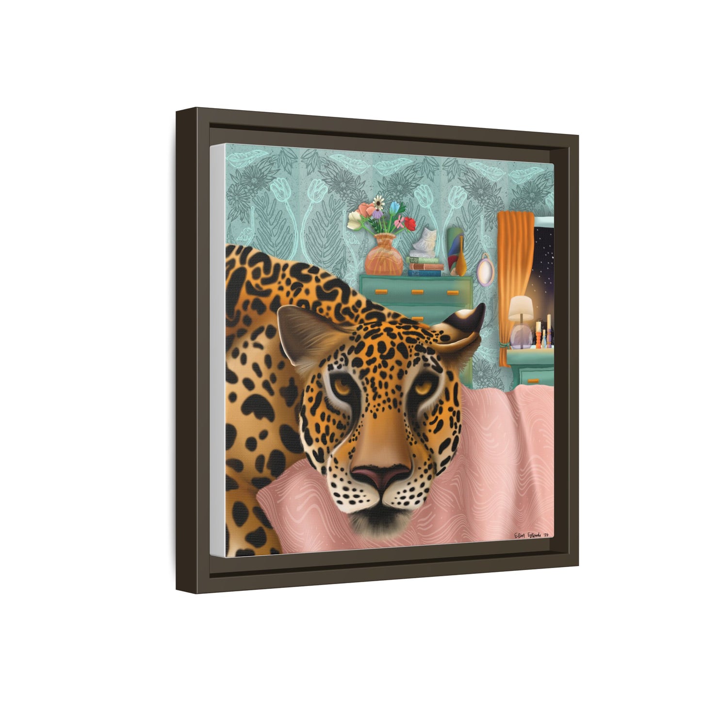 "Lounging Leopard" - Framed Canvas Wall Art