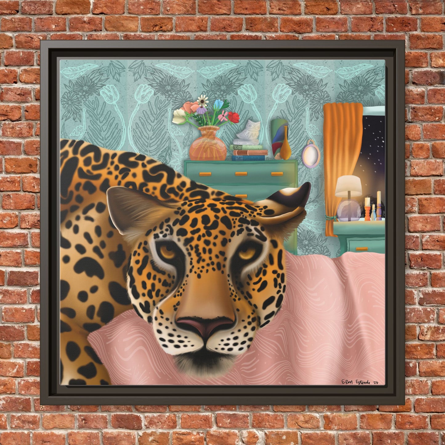"Lounging Leopard" - Framed Canvas Wall Art