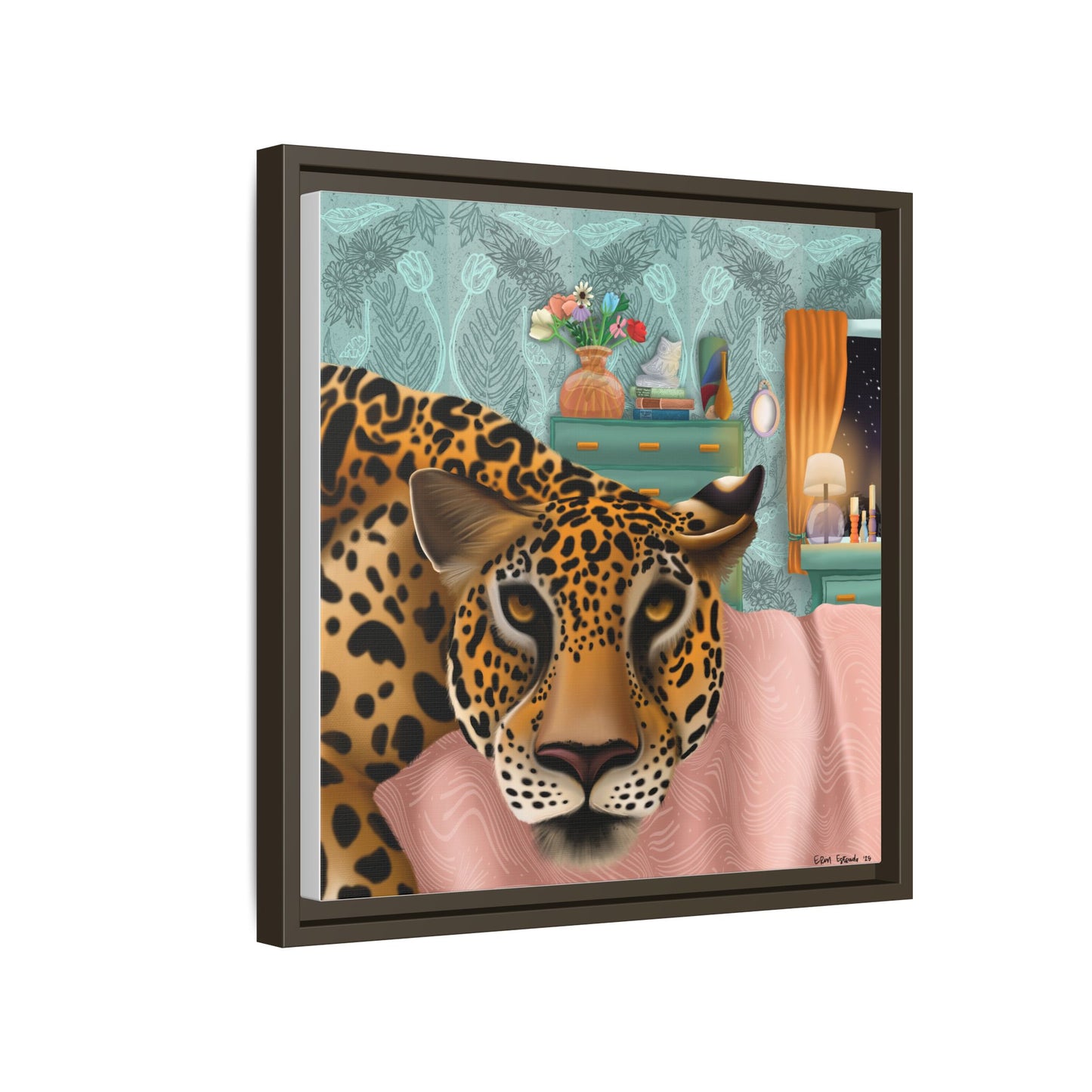"Lounging Leopard" - Framed Canvas Wall Art